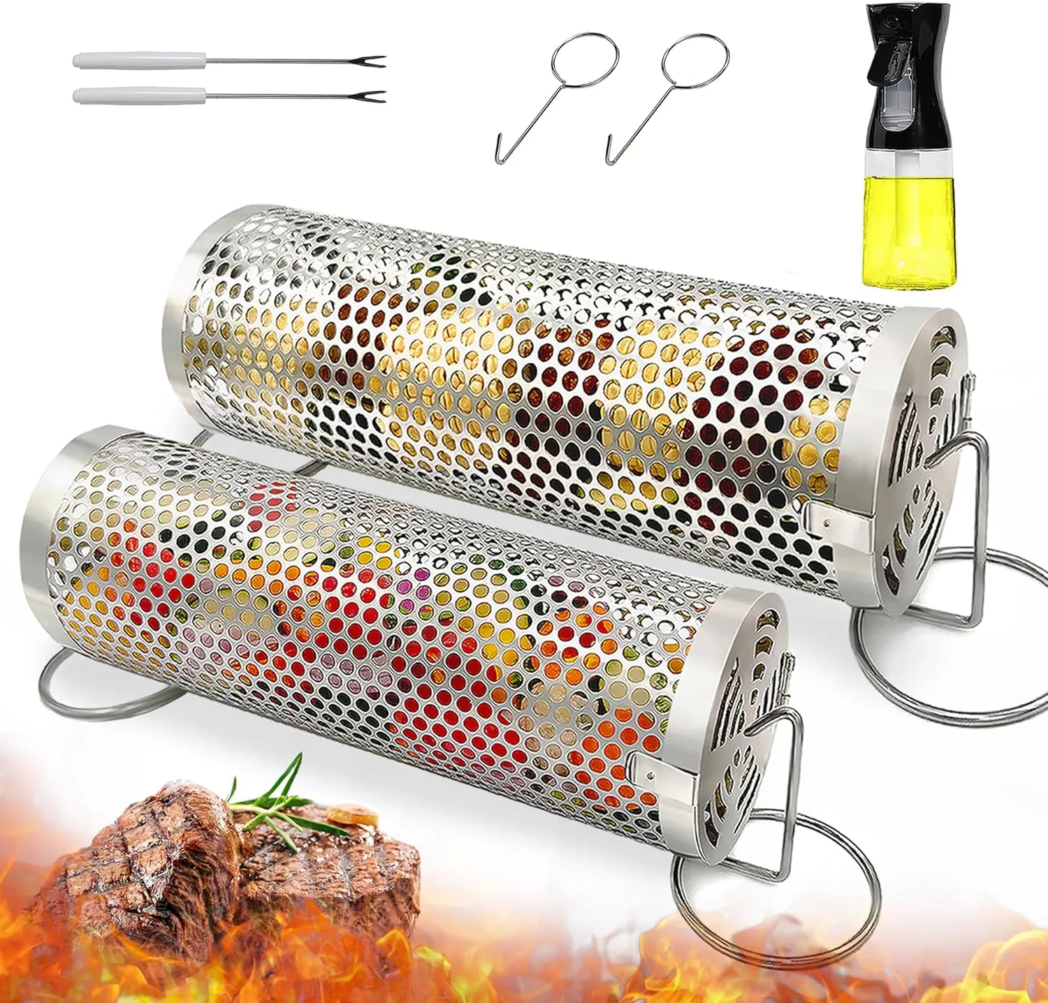 Rolling Grilling Baskets (2 PCS) - 360° Heavy Duty Stainless Steel BBQ Basket, Complete Set for Outdoor Cooking and Party