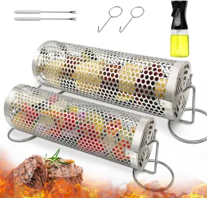 Rolling Grilling Baskets (2 PCS) - 360° Heavy Duty Stainless Steel BBQ Basket, Complete Set for Outdoor Cooking and Party