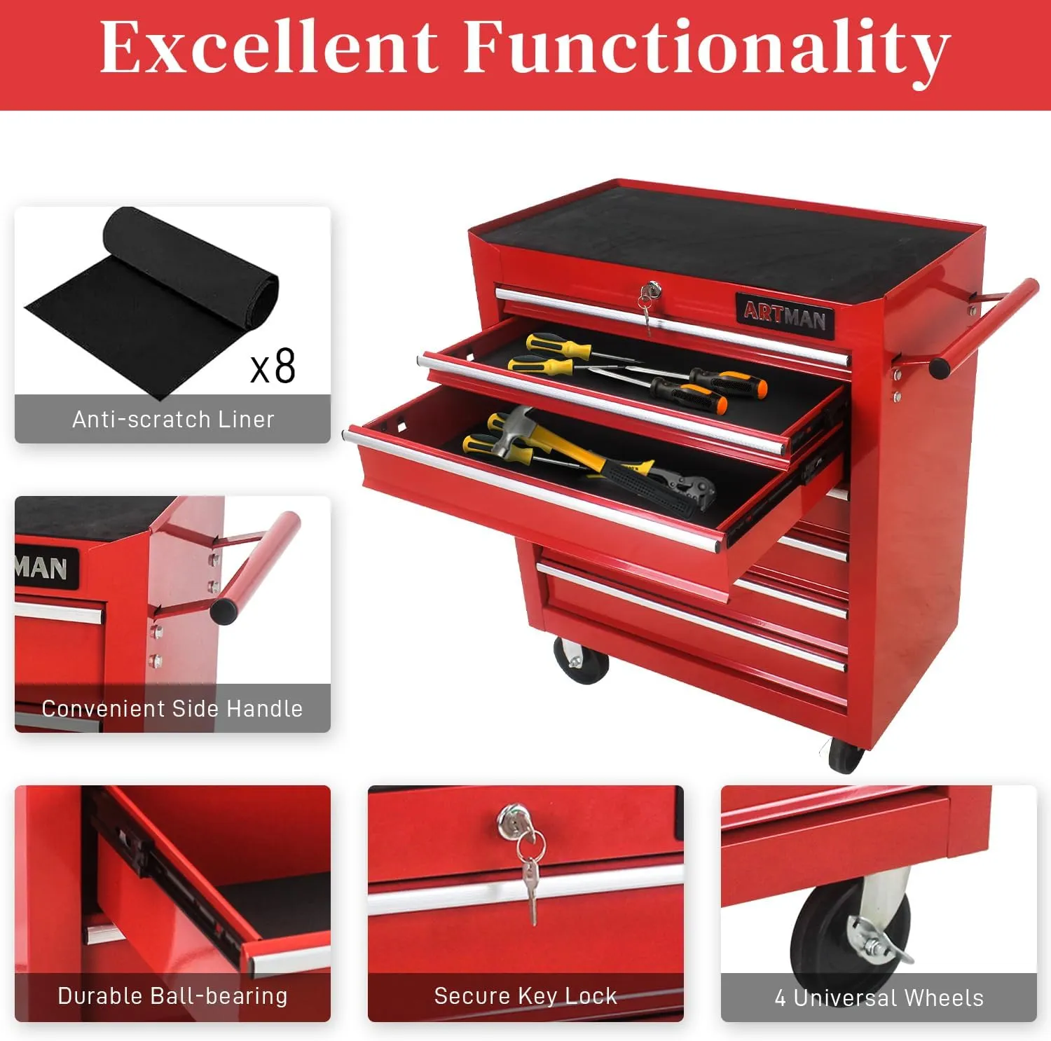 Rolling Tool Chest with 7-Drawer Tool Box with Wheels Multifunctional Tool Cart Mechanic Tool Storage Cabinet for Garage, Warehouse, Workshop, Repair Shop (Red)