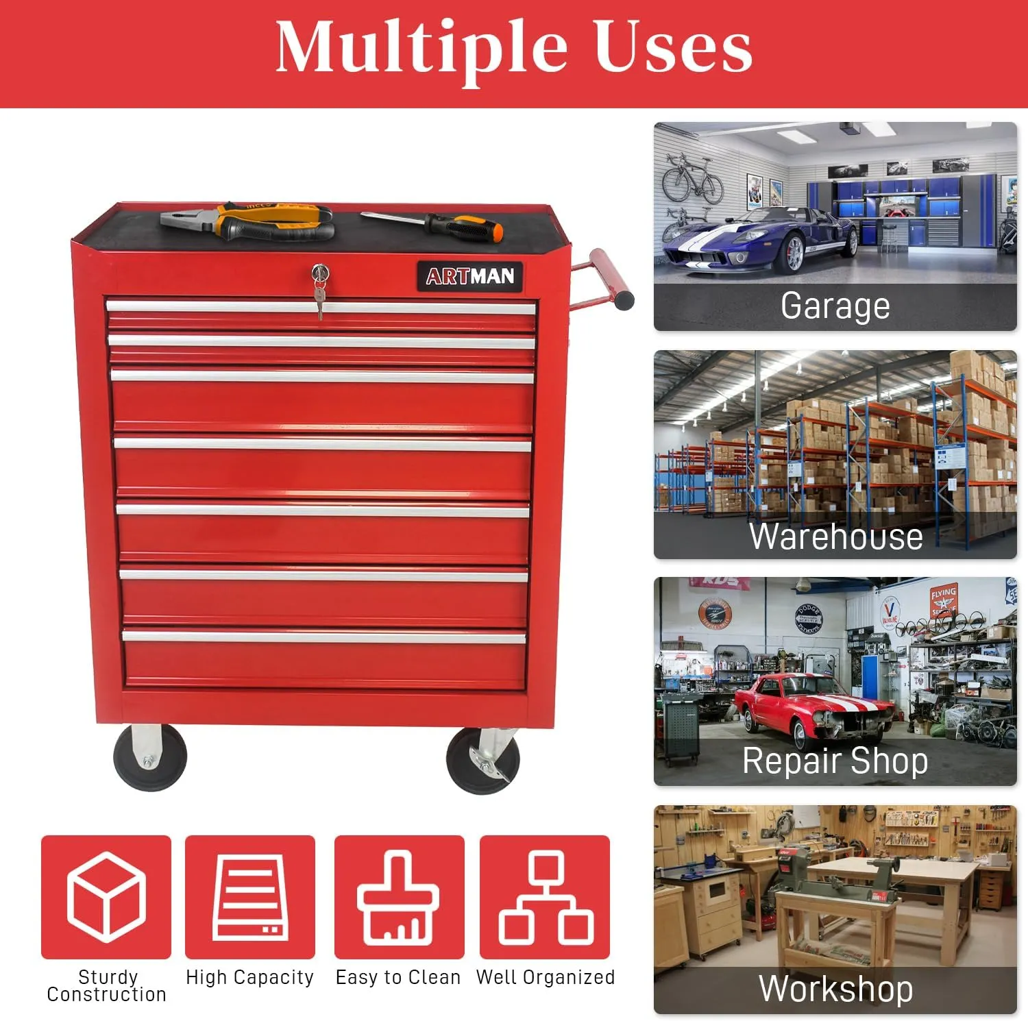 Rolling Tool Chest with 7-Drawer Tool Box with Wheels Multifunctional Tool Cart Mechanic Tool Storage Cabinet for Garage, Warehouse, Workshop, Repair Shop (Red)