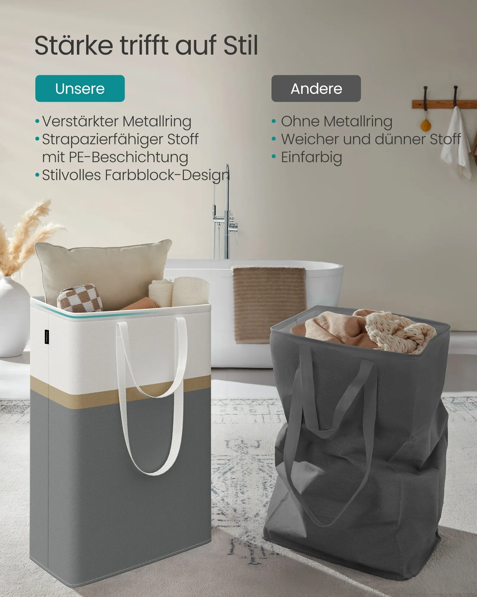 Rootz 2 Piece Laundry Basket Set - Wash Basket - Clothes Hamper - Sturdy Handles - 40x30x65cm Grey