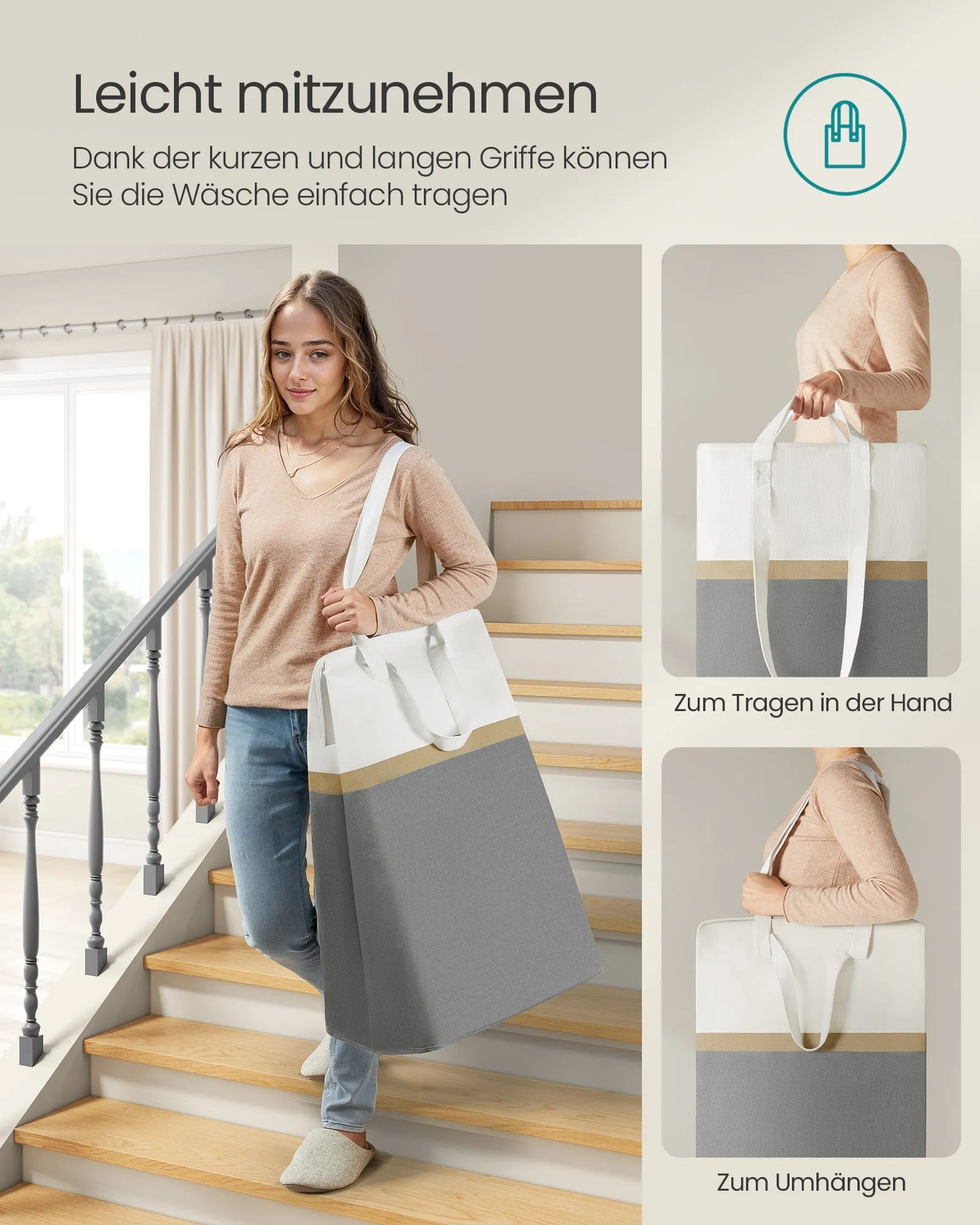 Rootz 2 Piece Laundry Basket Set - Wash Basket - Clothes Hamper - Sturdy Handles - 40x30x65cm Grey