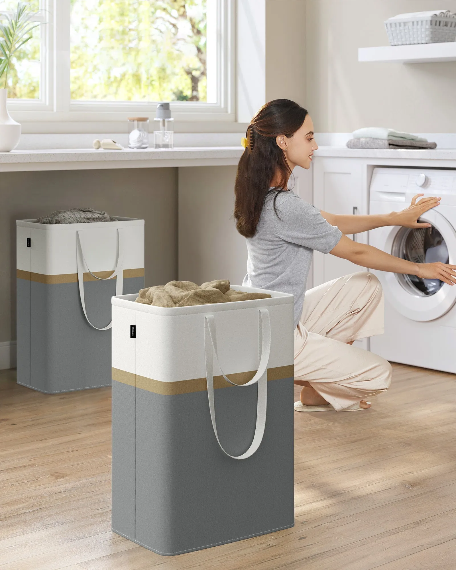 Rootz 2 Piece Laundry Basket Set - Wash Basket - Clothes Hamper - Sturdy Handles - 40x30x65cm Grey