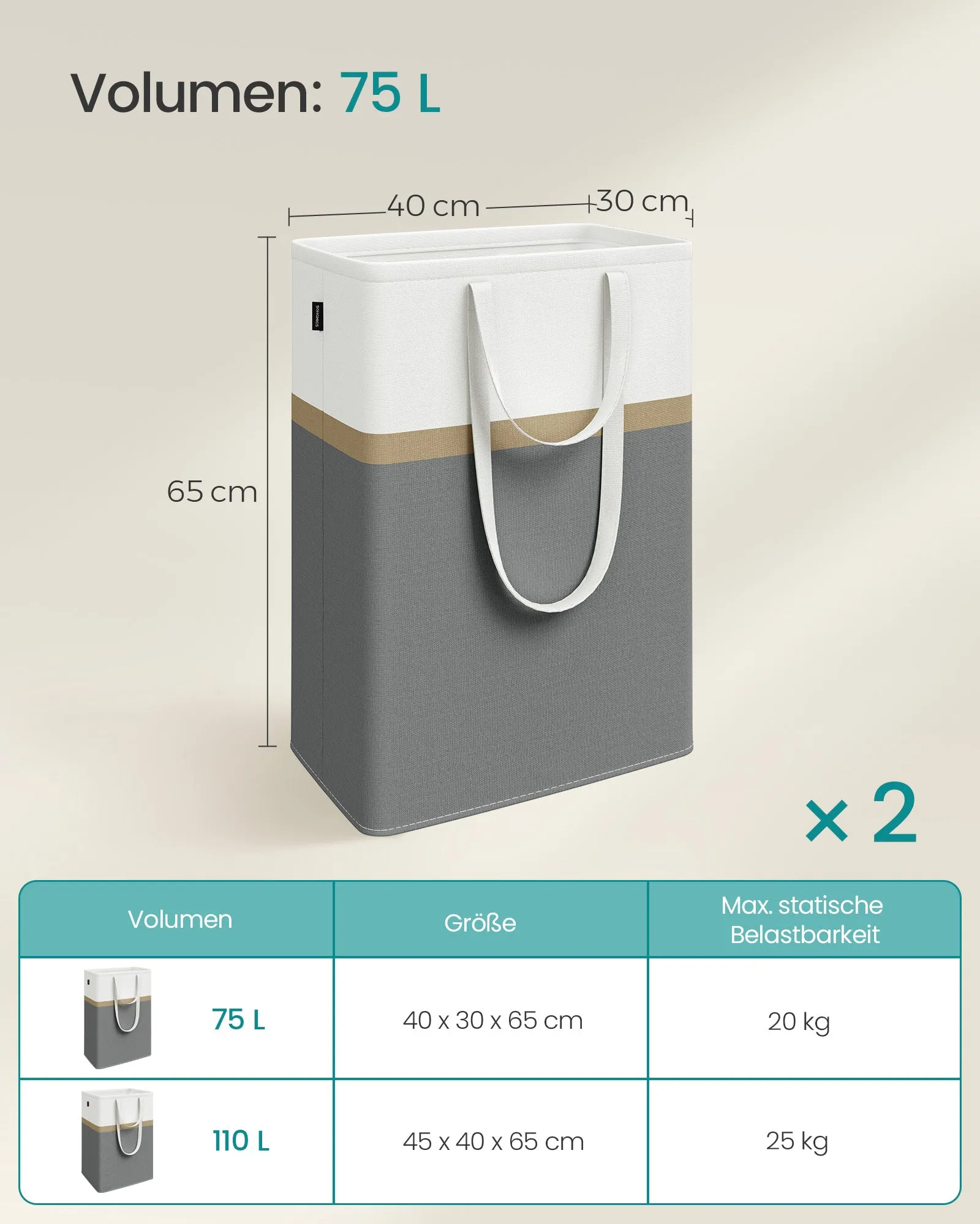Rootz 2 Piece Laundry Basket Set - Wash Basket - Clothes Hamper - Sturdy Handles - 40x30x65cm Grey