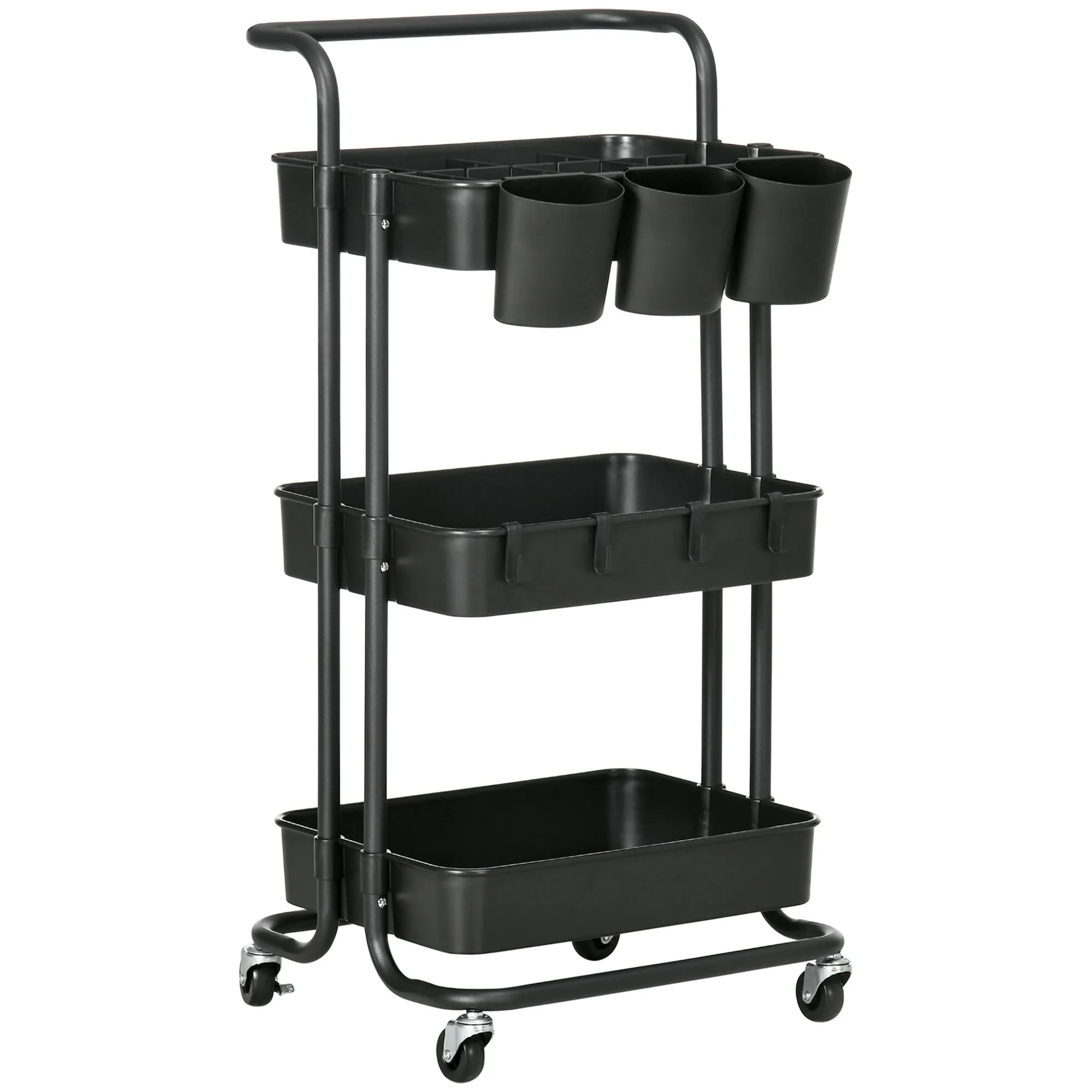 Rootz 3 Tier Trolley Storage Baskets - Organizer Cart - Mobile Storage - Compact Design - 42cm x 38cm x 86.5cm