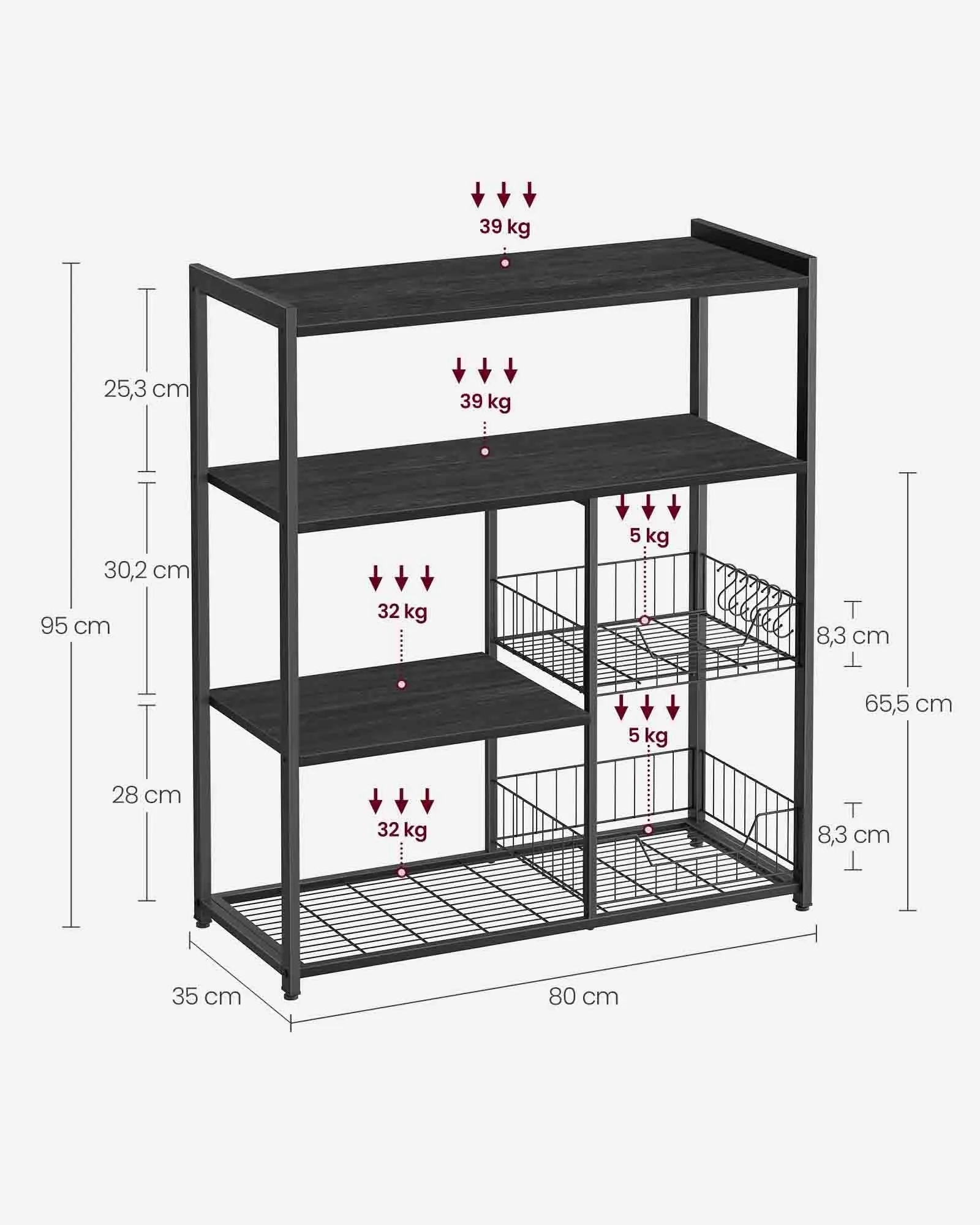 Rootz Cake Rack with Hooks - Baking Stand - Storage Organizer - Chipboard and Steel - 35cm x 80cm x 95cm - Anthracite Gray-Ink Black - 11.8kg - 20kg Capacity - 10kg Capacity - Easy Assembly