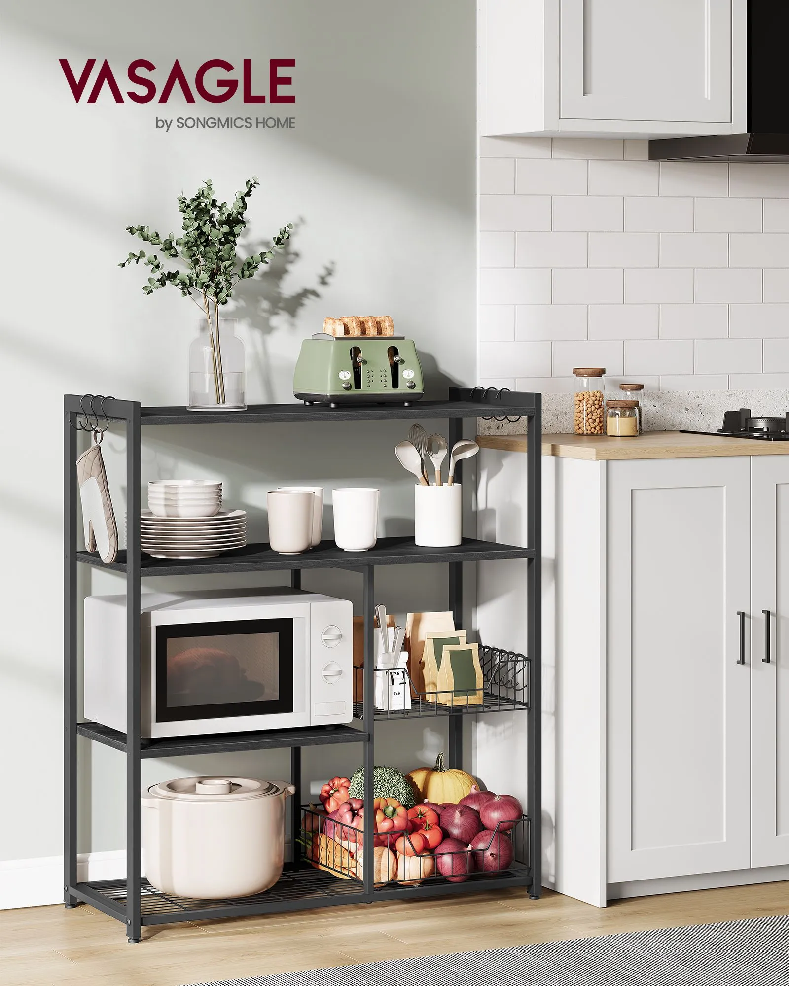 Rootz Cake Rack with Hooks - Baking Stand - Storage Organizer - Chipboard and Steel - 35cm x 80cm x 95cm - Anthracite Gray-Ink Black - 11.8kg - 20kg Capacity - 10kg Capacity - Easy Assembly