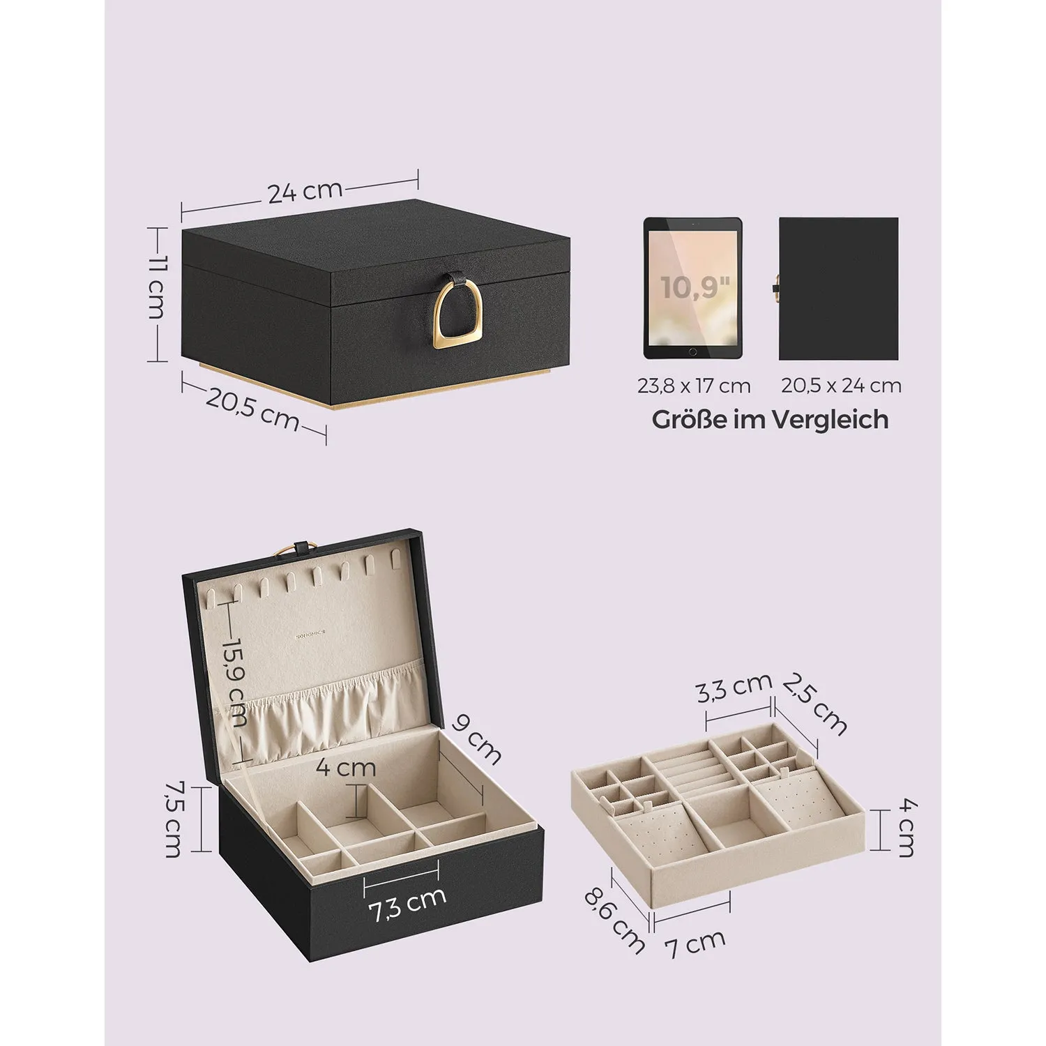 Rootz Jewelry Box Organizer - Black Storage Case - Velvet Lined - Compact Design - MDF Construction - 20.5cm x 24cm x 11cm