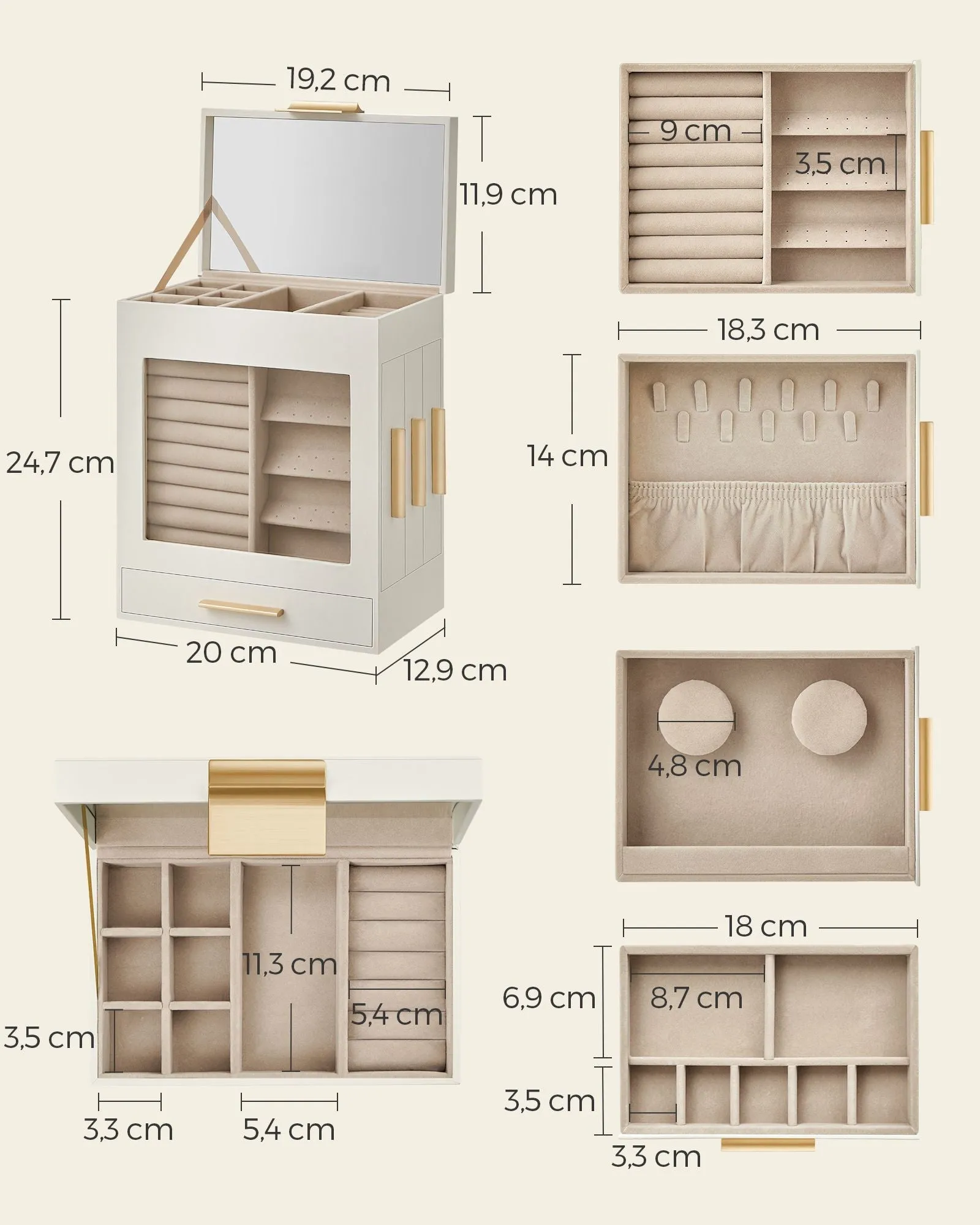 Rootz Jewelry Box Organizer - Storage Case - Velvet Lined - Glass Lid - MDF Construction - 12.9cm x 20cm x 24.7cm - Cloud White-Metallic Gold
