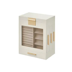Rootz Jewelry Box Organizer - Storage Case - Velvet Lined - Glass Lid - MDF Construction - 12.9cm x 20cm x 24.7cm - Cloud White-Metallic Gold