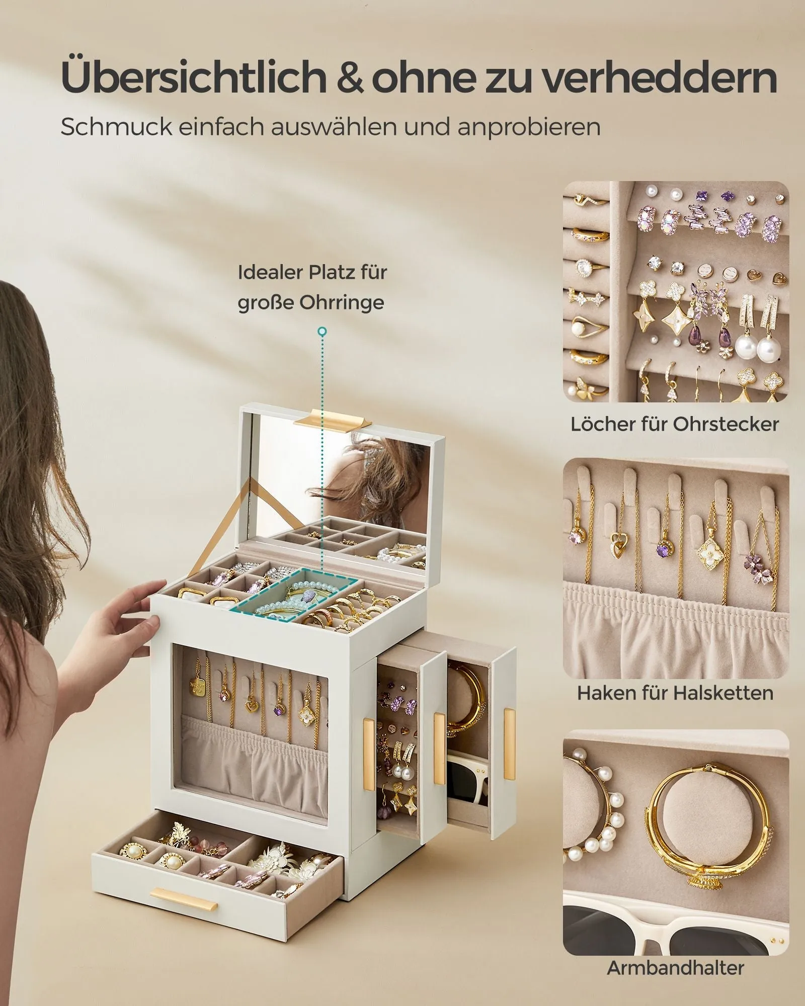 Rootz Jewelry Box Organizer - Storage Case - Velvet Lined - Glass Lid - MDF Construction - 12.9cm x 20cm x 24.7cm - Cloud White-Metallic Gold