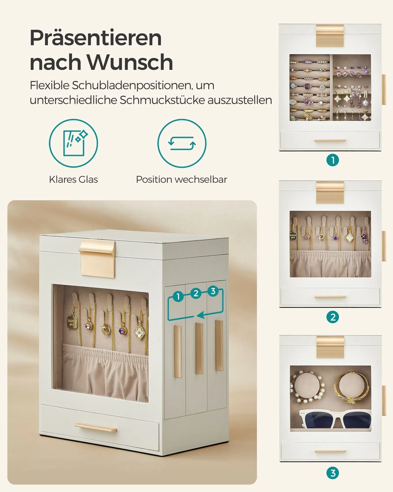 Rootz Jewelry Box Organizer - Storage Case - Velvet Lined - Glass Lid - MDF Construction - 12.9cm x 20cm x 24.7cm - Cloud White-Metallic Gold