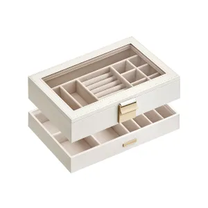 Rootz Jewelry Box Organizer - White Storage Case - Large Capacity - MDF PU Velvet - 17cm x 28cm x 8.8cm