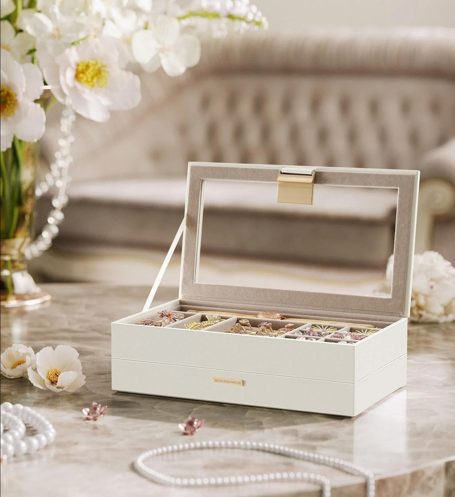 Rootz Jewelry Box Organizer - White Storage Case - Large Capacity - MDF PU Velvet - 17cm x 28cm x 8.8cm