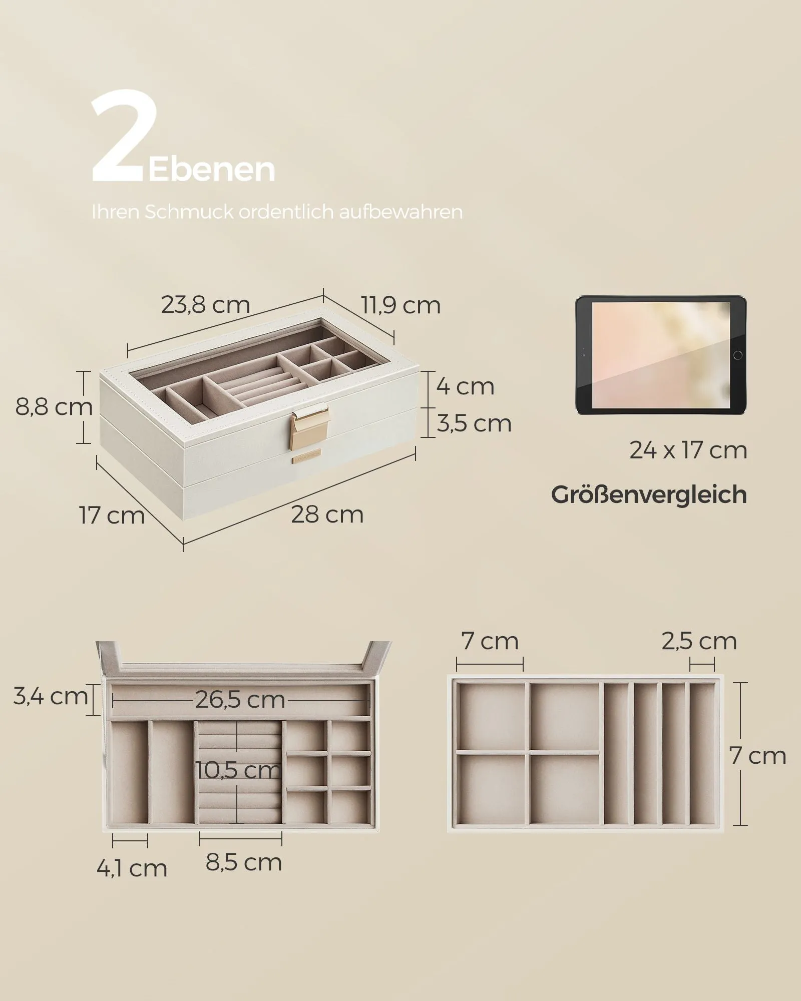 Rootz Jewelry Box Organizer - White Storage Case - Large Capacity - MDF PU Velvet - 17cm x 28cm x 8.8cm