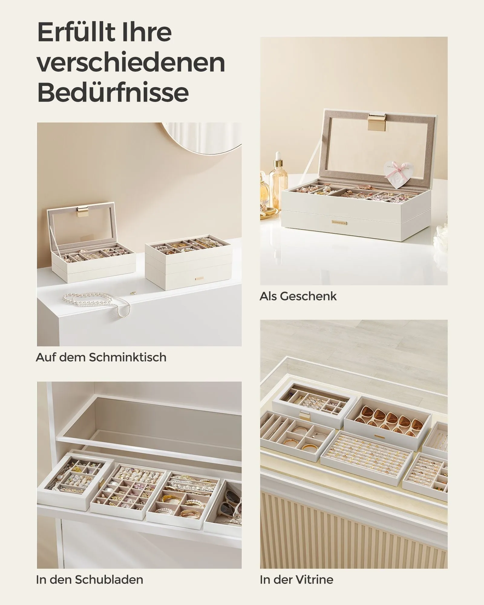 Rootz Jewelry Box Organizer - White Storage Case - Large Capacity - MDF PU Velvet - 17cm x 28cm x 8.8cm