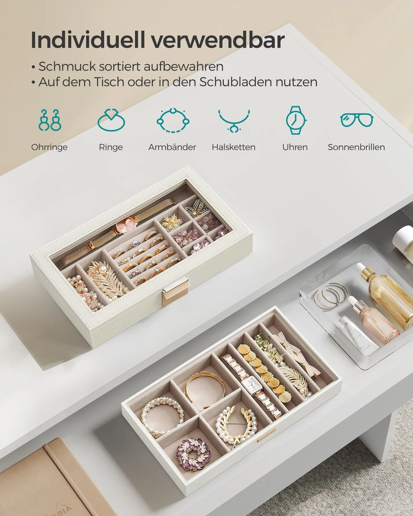 Rootz Jewelry Box Organizer - White Storage Case - Large Capacity - MDF PU Velvet - 17cm x 28cm x 8.8cm