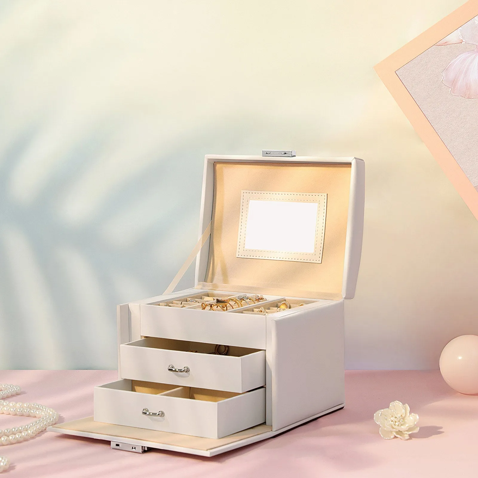 Rootz Jewelry Box - Travel Jewelry Organizer - Compact Jewelry Storage - Faux Leather - Lockable Design - 17.5cm x 13.5cm x 12cm