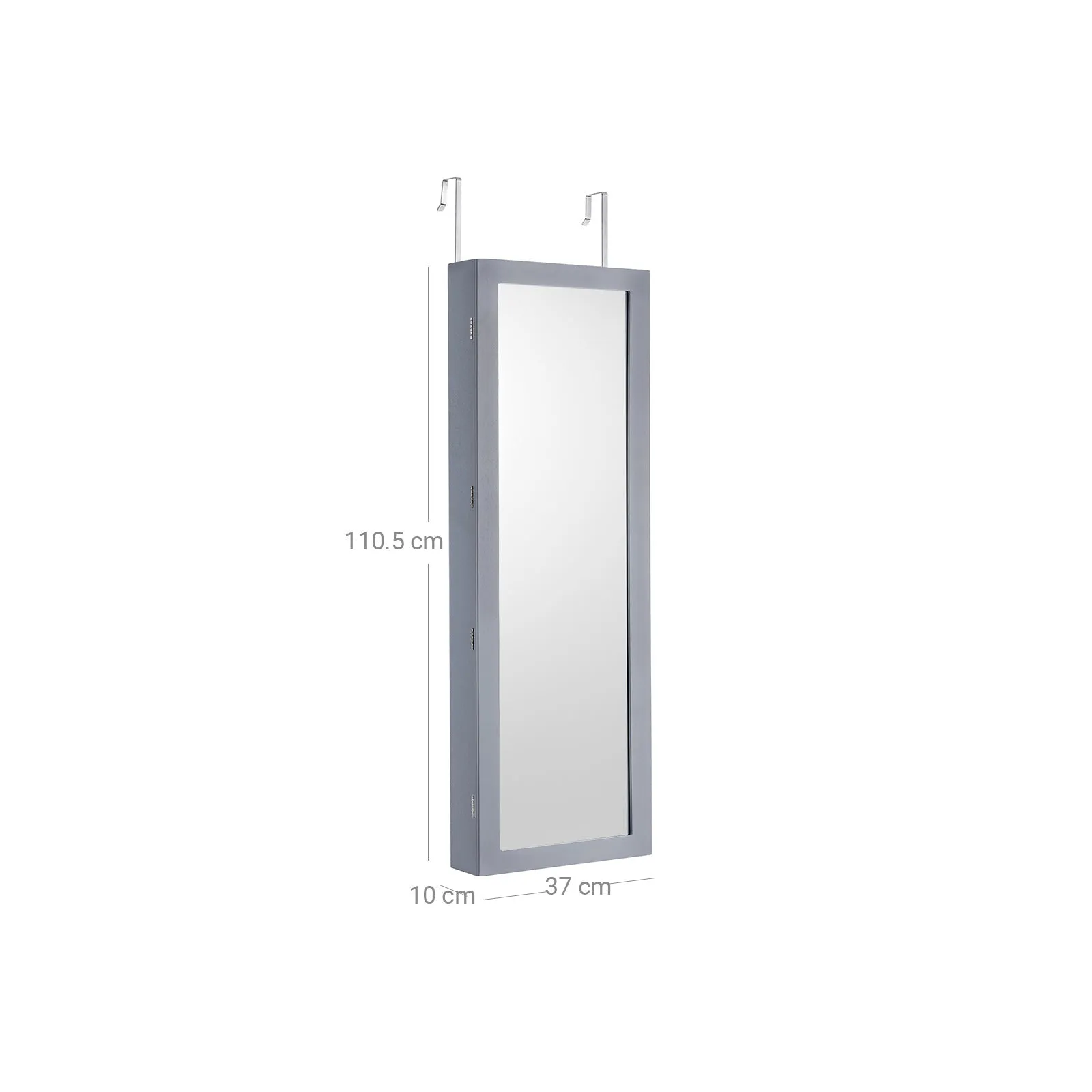 Rootz Jewelry Cabinet Organizer - Gray Velvet Mirror Stand - MDF Glass Storage - LED Lighting - 37cm x 10cm x 120cm - 110cm x 27.3cm Mirror Dimensions
