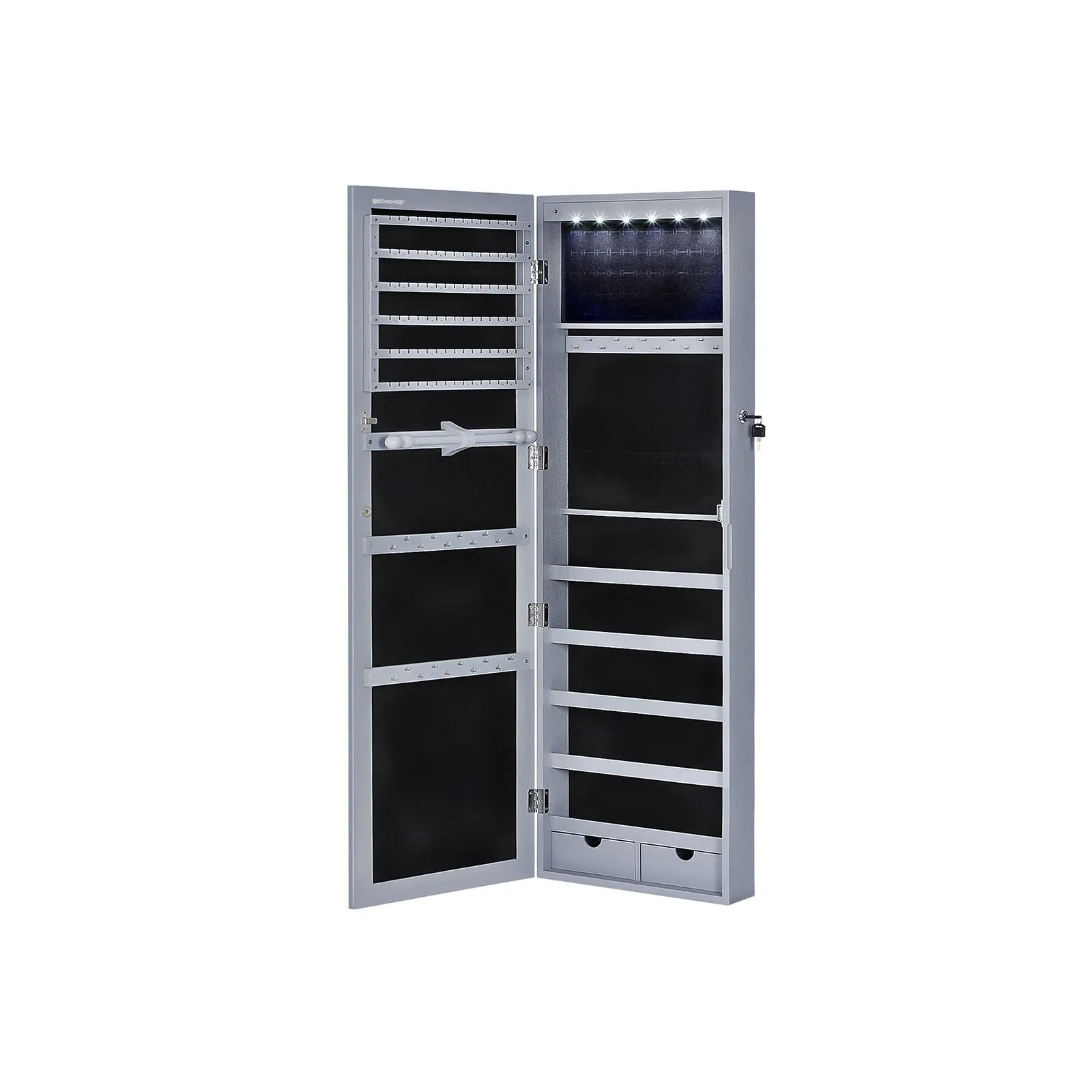 Rootz Jewelry Cabinet Organizer - Gray Velvet Mirror Stand - MDF Glass Storage - LED Lighting - 37cm x 10cm x 120cm - 110cm x 27.3cm Mirror Dimensions