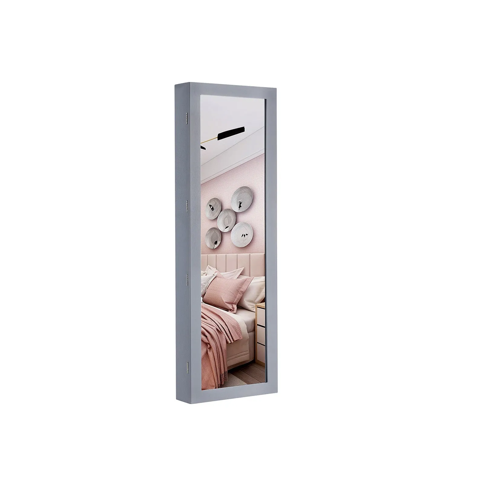 Rootz Jewelry Cabinet Organizer - Gray Velvet Mirror Stand - MDF Glass Storage - LED Lighting - 37cm x 10cm x 120cm - 110cm x 27.3cm Mirror Dimensions