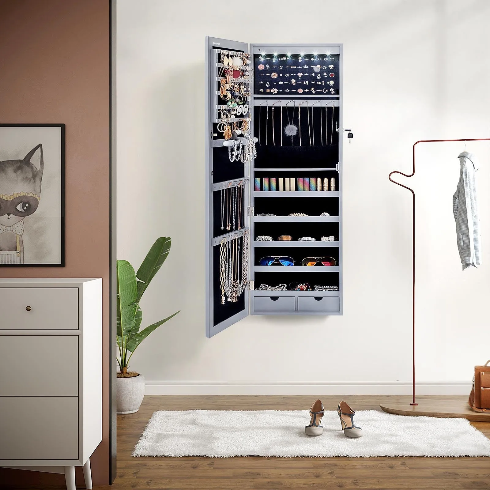 Rootz Jewelry Cabinet Organizer - Gray Velvet Mirror Stand - MDF Glass Storage - LED Lighting - 37cm x 10cm x 120cm - 110cm x 27.3cm Mirror Dimensions