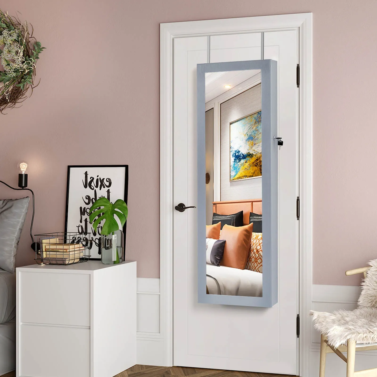Rootz Jewelry Cabinet Organizer - Gray Velvet Mirror Stand - MDF Glass Storage - LED Lighting - 37cm x 10cm x 120cm - 110cm x 27.3cm Mirror Dimensions