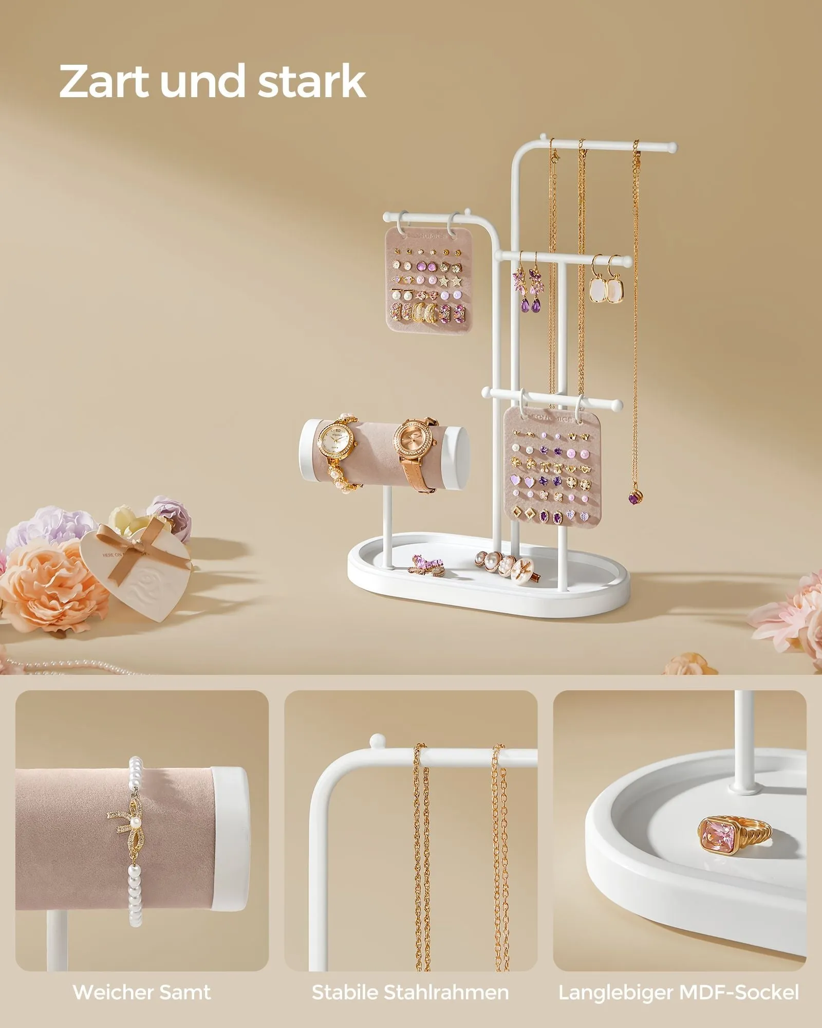 Rootz Jewelry Stand - Earring Holder - Necklace Organizer - Steel & Velvet - 10.8cm x 20.4cm x 31.5cm - Cloud White - 0.4kg
