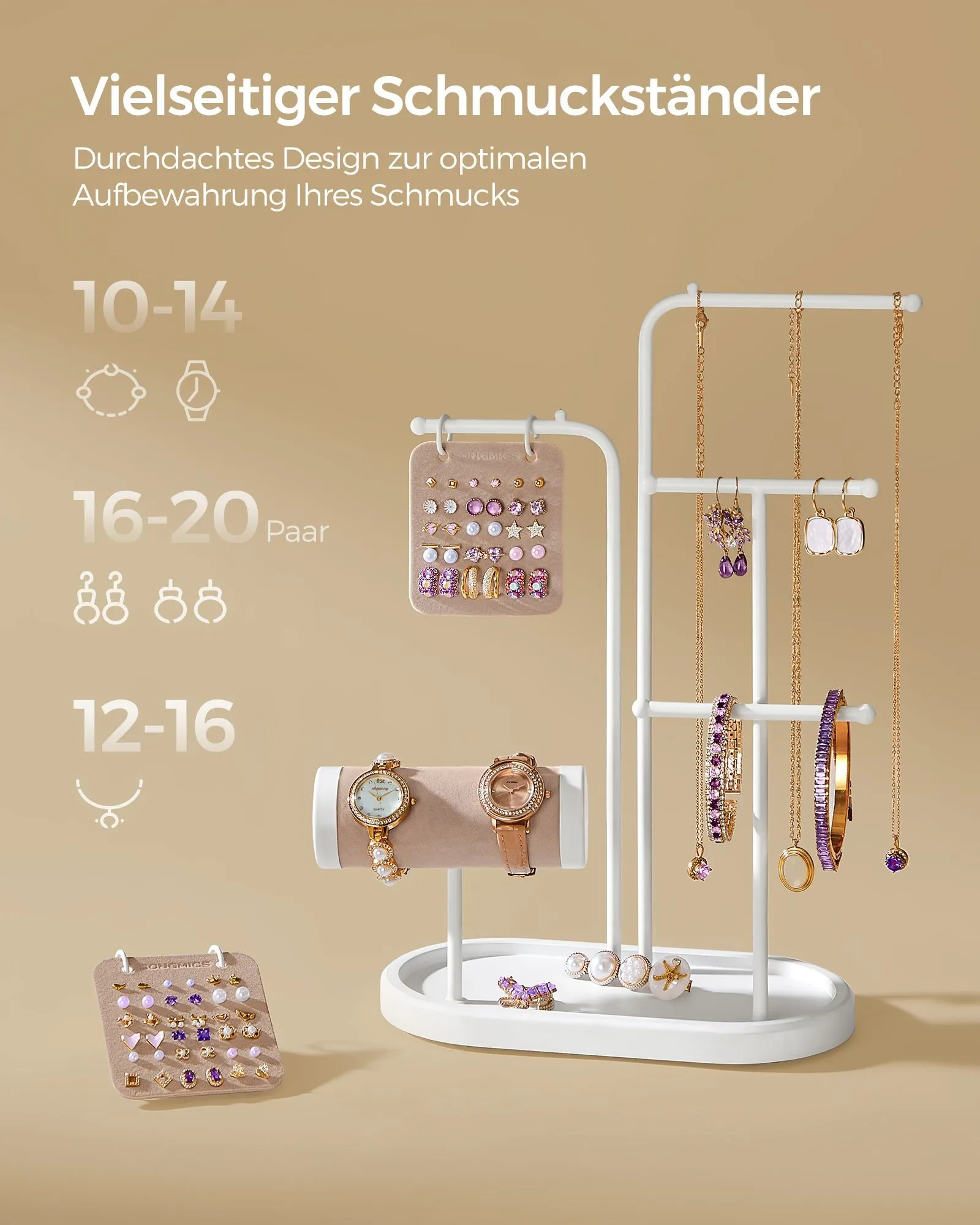Rootz Jewelry Stand - Earring Holder - Necklace Organizer - Steel & Velvet - 10.8cm x 20.4cm x 31.5cm - Cloud White - 0.4kg