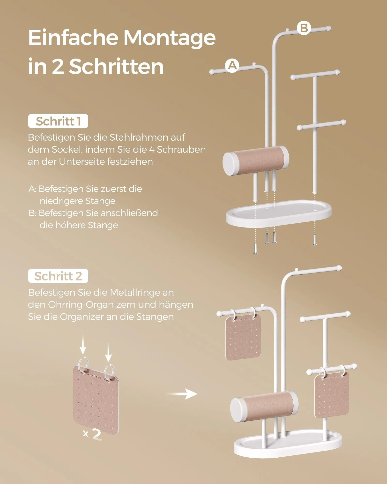 Rootz Jewelry Stand - Earring Holder - Necklace Organizer - Steel & Velvet - 10.8cm x 20.4cm x 31.5cm - Cloud White - 0.4kg