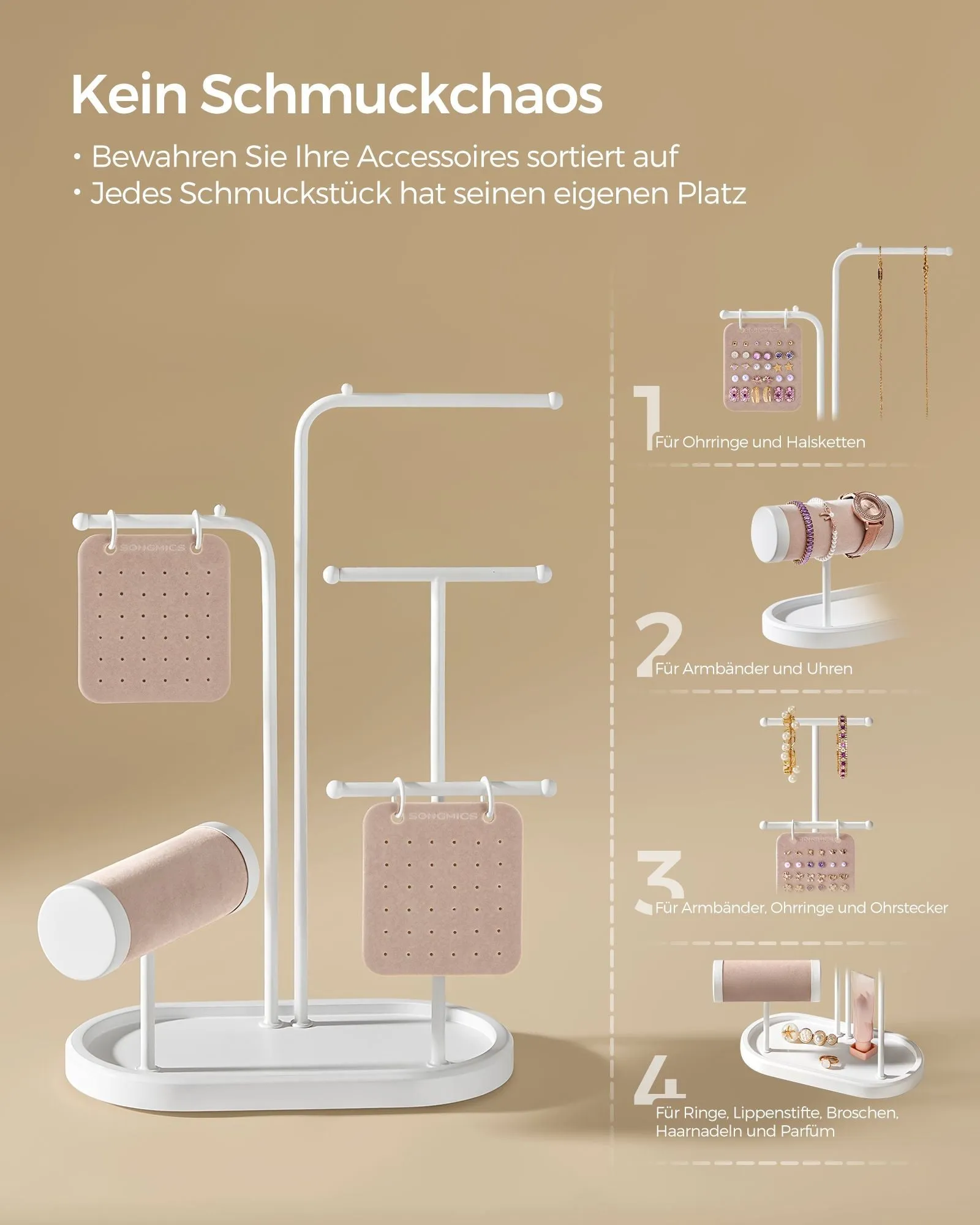 Rootz Jewelry Stand - Earring Holder - Necklace Organizer - Steel & Velvet - 10.8cm x 20.4cm x 31.5cm - Cloud White - 0.4kg