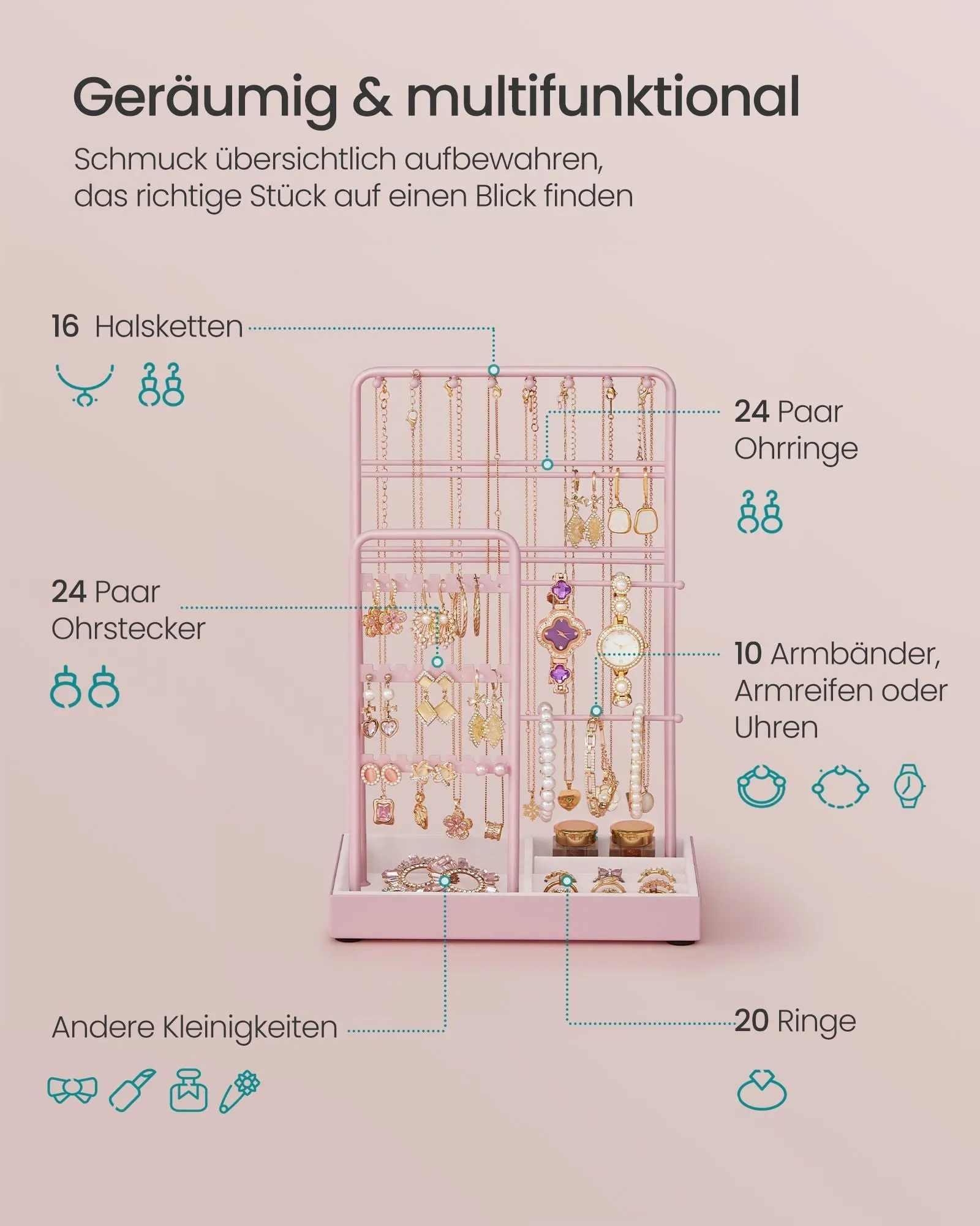 Rootz Jewelry Stand - Pastel Pink Organizer - Earring Holder - Metal & Velvet - Compact Design - 11.5cm x 19.6cm x 30.8cm