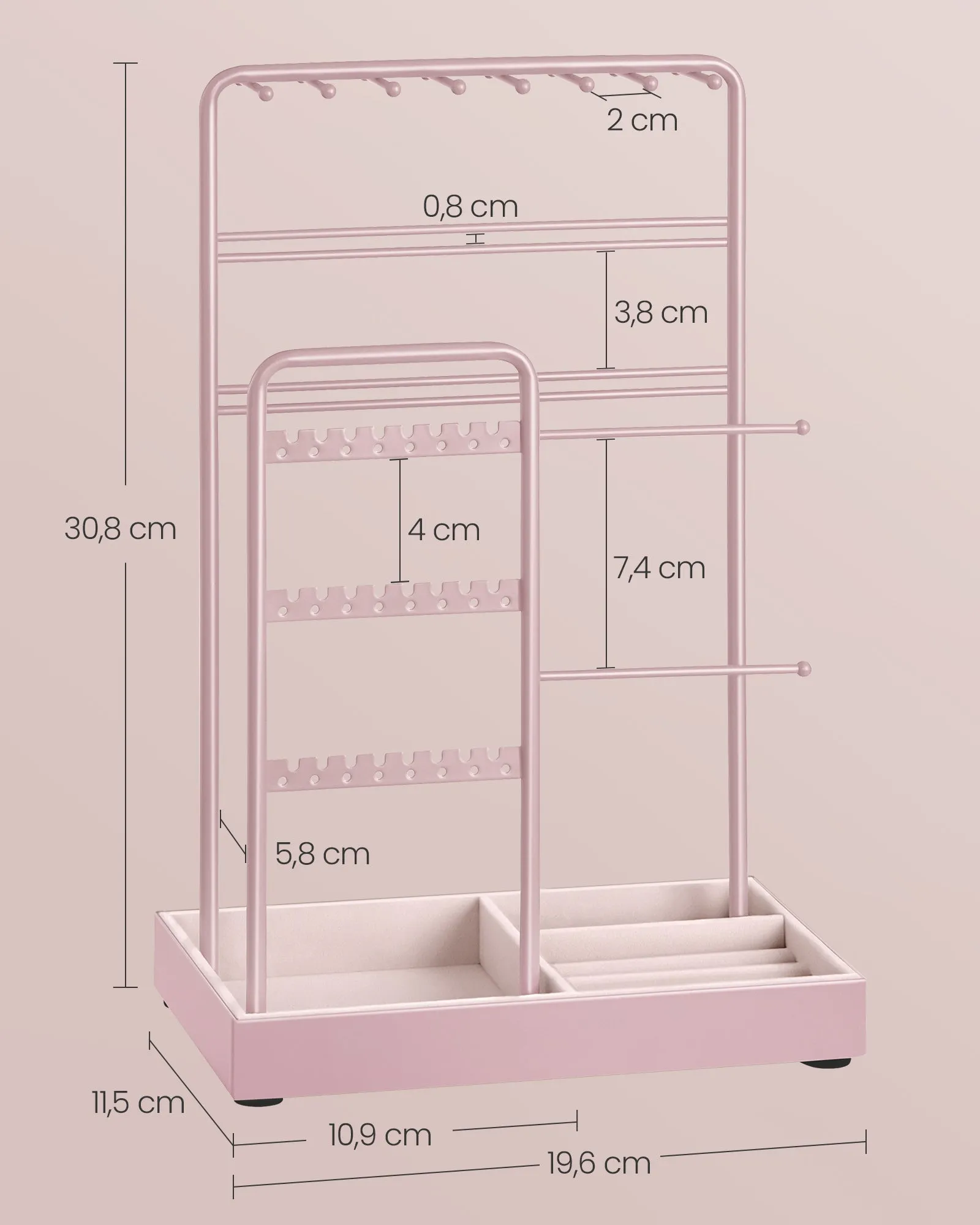 Rootz Jewelry Stand - Pastel Pink Organizer - Earring Holder - Metal & Velvet - Compact Design - 11.5cm x 19.6cm x 30.8cm
