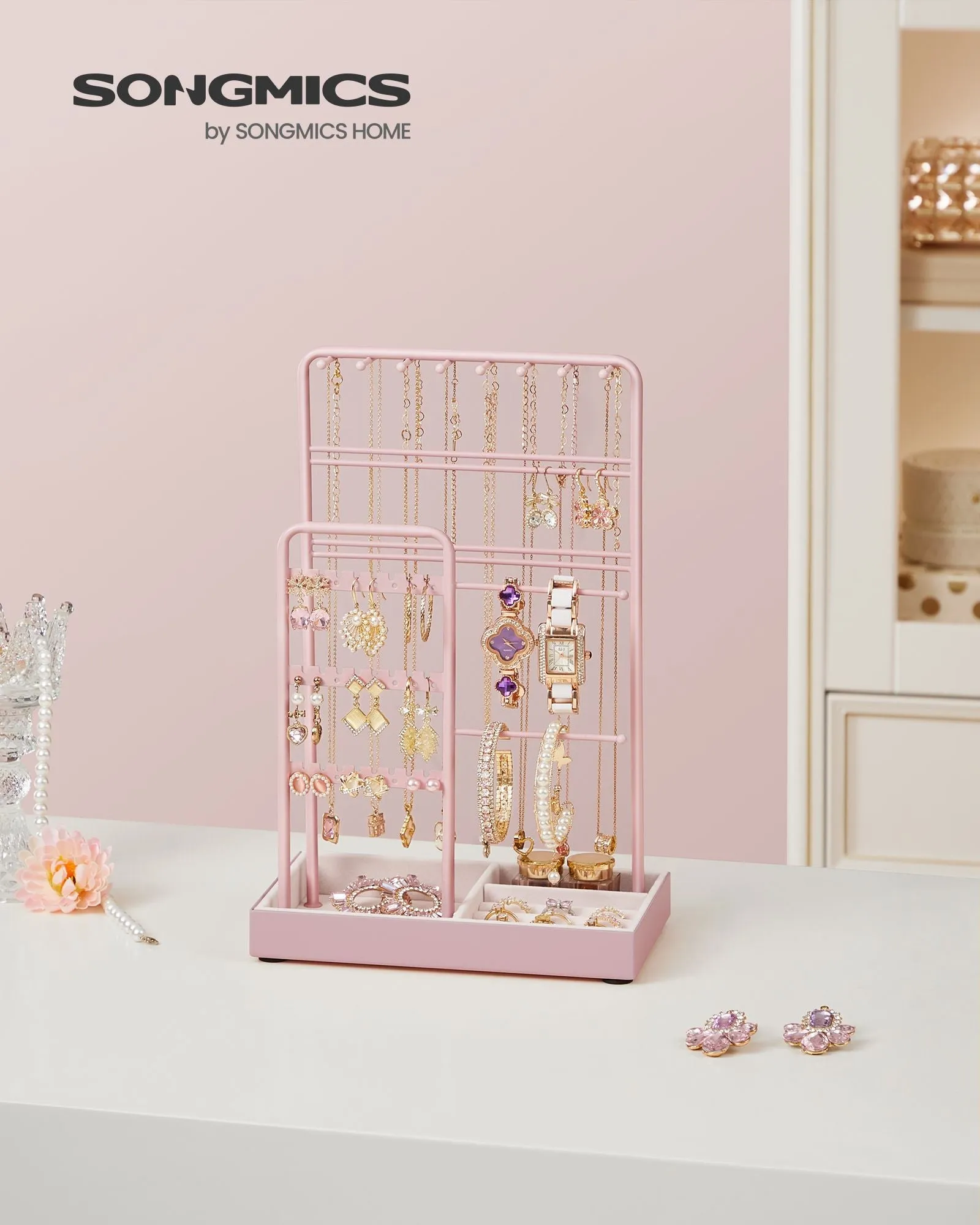 Rootz Jewelry Stand - Pastel Pink Organizer - Earring Holder - Metal & Velvet - Compact Design - 11.5cm x 19.6cm x 30.8cm