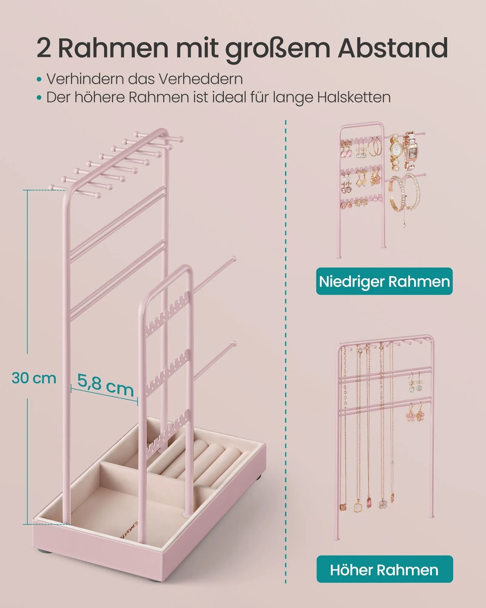 Rootz Jewelry Stand - Pastel Pink Organizer - Earring Holder - Metal & Velvet - Compact Design - 11.5cm x 19.6cm x 30.8cm