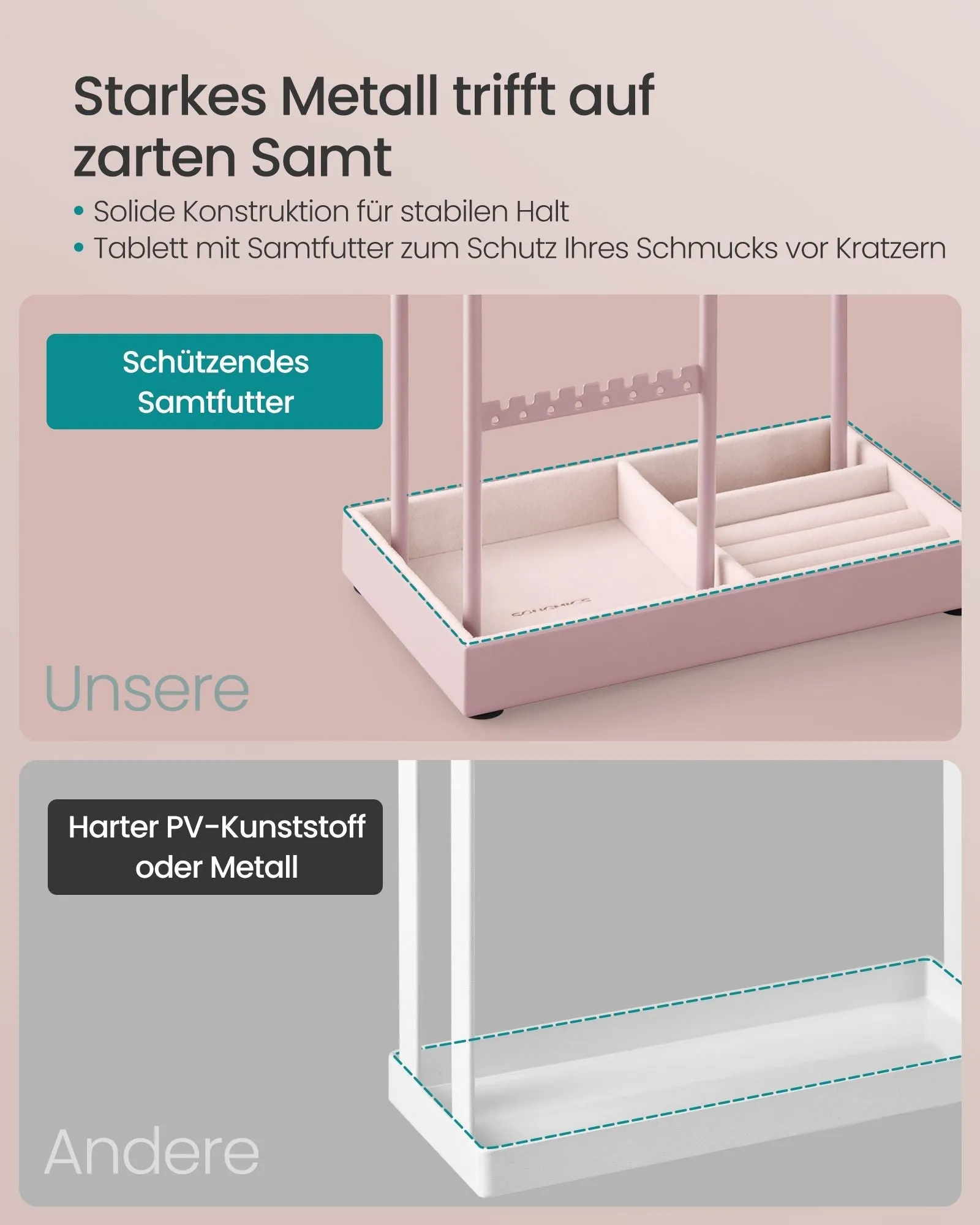 Rootz Jewelry Stand - Pastel Pink Organizer - Earring Holder - Metal & Velvet - Compact Design - 11.5cm x 19.6cm x 30.8cm
