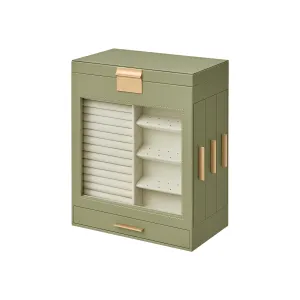 Rootz Laurel Green-Metallic Gold Jewelry Box - Organizer Case - Storage Container - MDF Velvet Glass - Elegant Design - Spacious Compartments - Secure Closure - 15.5cm x 26.1cm x 32cm