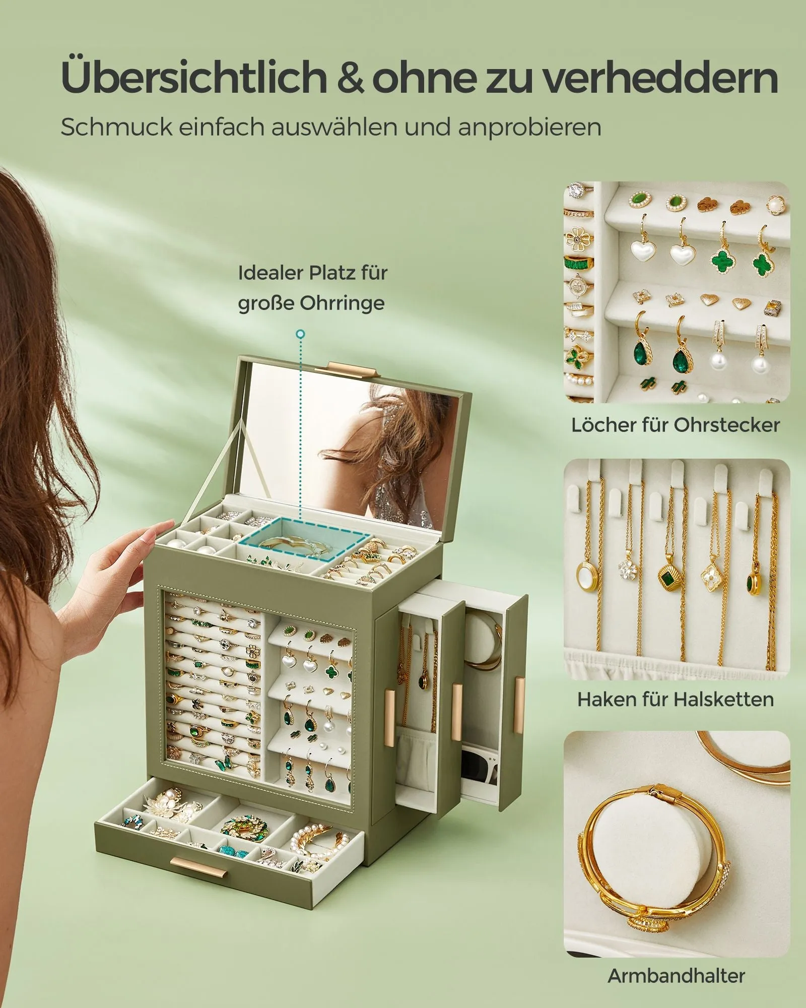 Rootz Laurel Green-Metallic Gold Jewelry Box - Organizer Case - Storage Container - MDF Velvet Glass - Elegant Design - Spacious Compartments - Secure Closure - 15.5cm x 26.1cm x 32cm