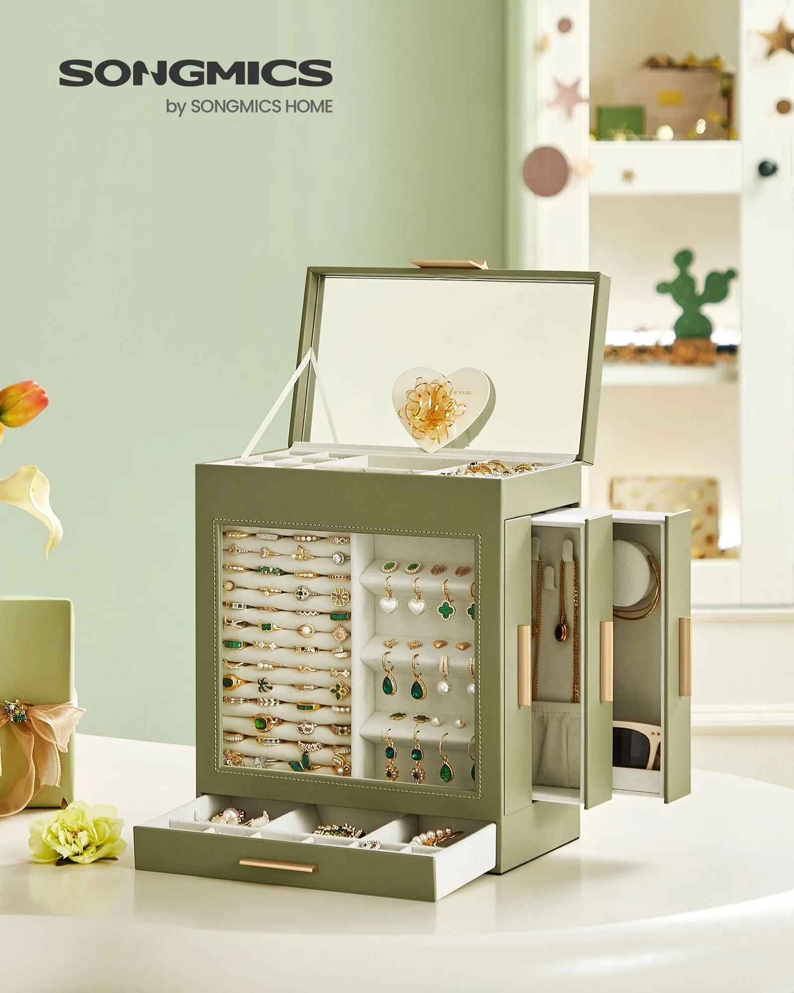 Rootz Laurel Green-Metallic Gold Jewelry Box - Organizer Case - Storage Container - MDF Velvet Glass - Elegant Design - Spacious Compartments - Secure Closure - 15.5cm x 26.1cm x 32cm