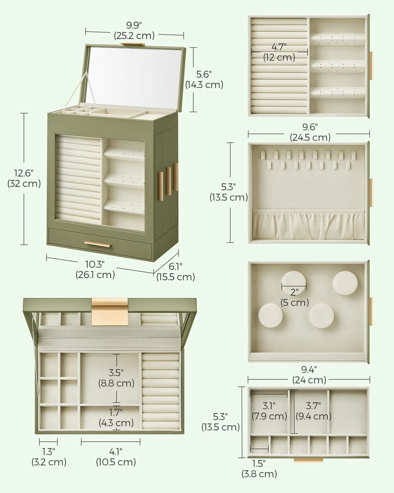 Rootz Laurel Green-Metallic Gold Jewelry Box - Organizer Case - Storage Container - MDF Velvet Glass - Elegant Design - Spacious Compartments - Secure Closure - 15.5cm x 26.1cm x 32cm