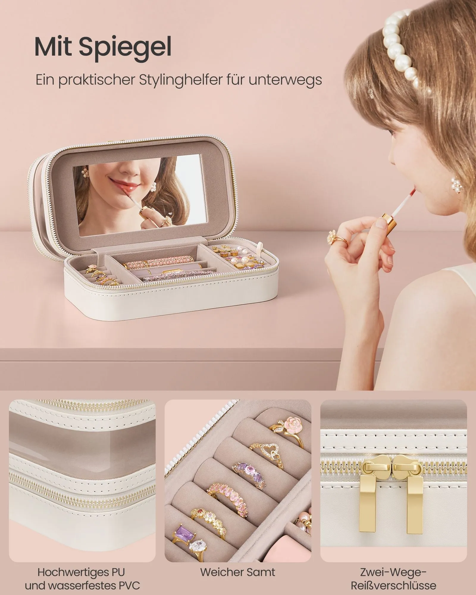 Rootz Makeup Bag with Jewelry Box - Cloud White - Cosmetic Pouch - Organizer - PU, PVC, Velvet - 22cm x 12cm x 12cm