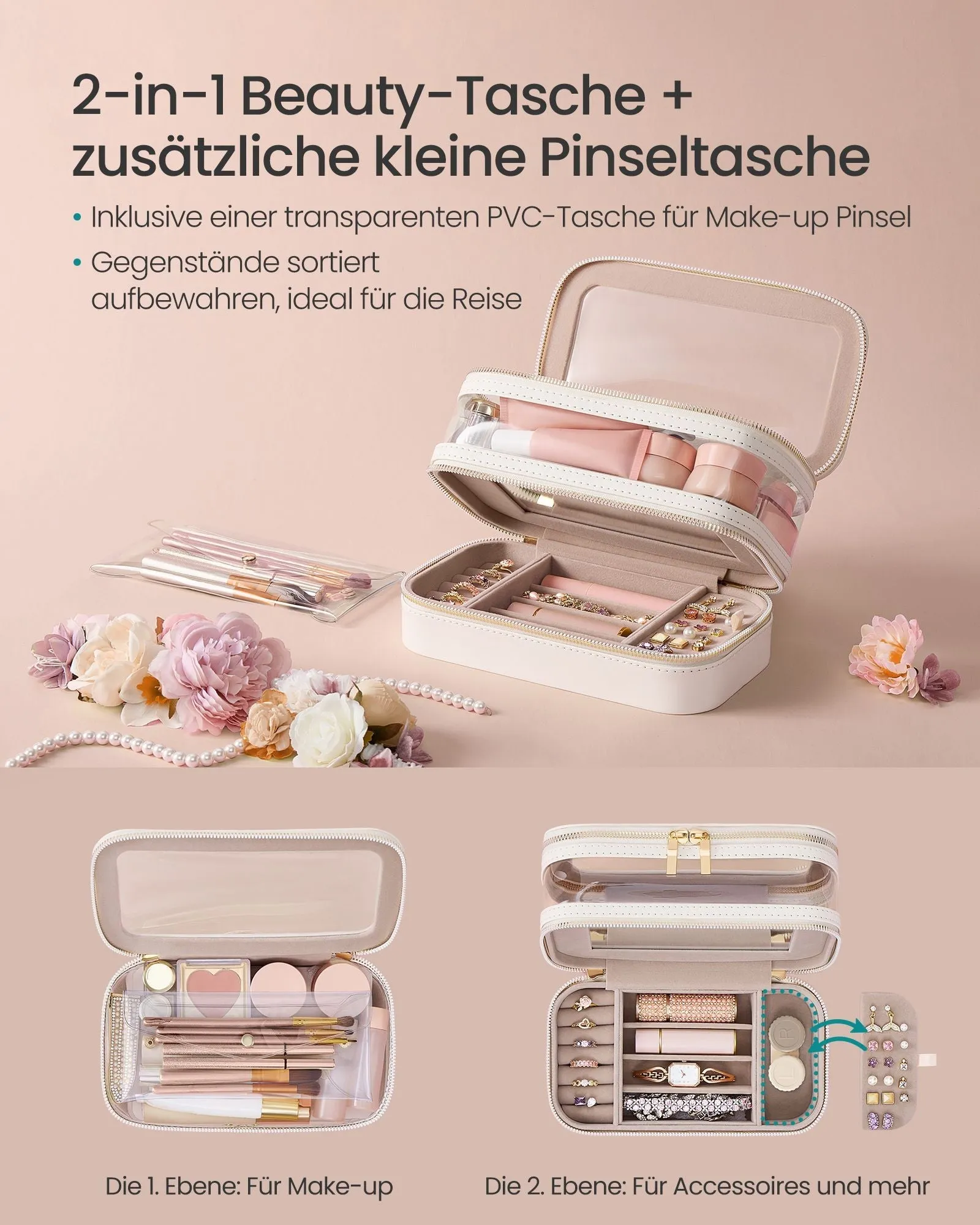 Rootz Makeup Bag with Jewelry Box - Cloud White - Cosmetic Pouch - Organizer - PU, PVC, Velvet - 22cm x 12cm x 12cm