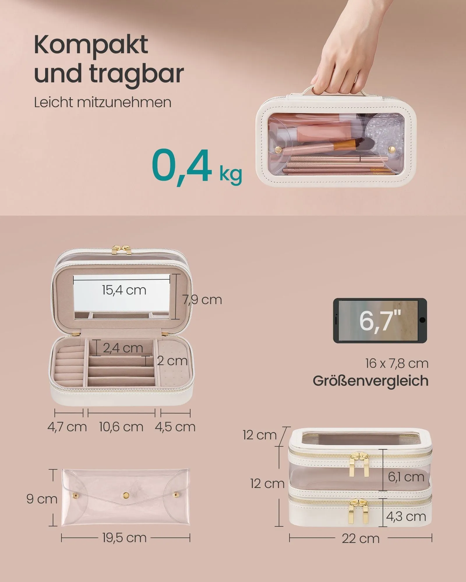 Rootz Makeup Bag with Jewelry Box - Cloud White - Cosmetic Pouch - Organizer - PU, PVC, Velvet - 22cm x 12cm x 12cm