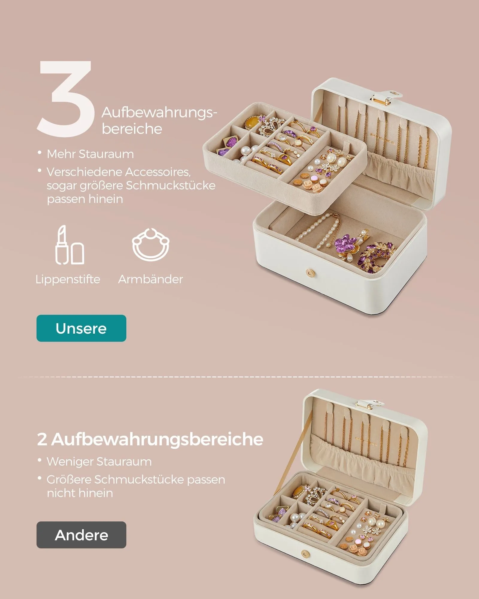 Rootz Travel Jewelry Box - Organizer Case - Compact Storage - Lightweight - Cloud White - Plastic, Paper with PU Coating, Velvet - 11cm x 16cm x 8cm - 0.3kg