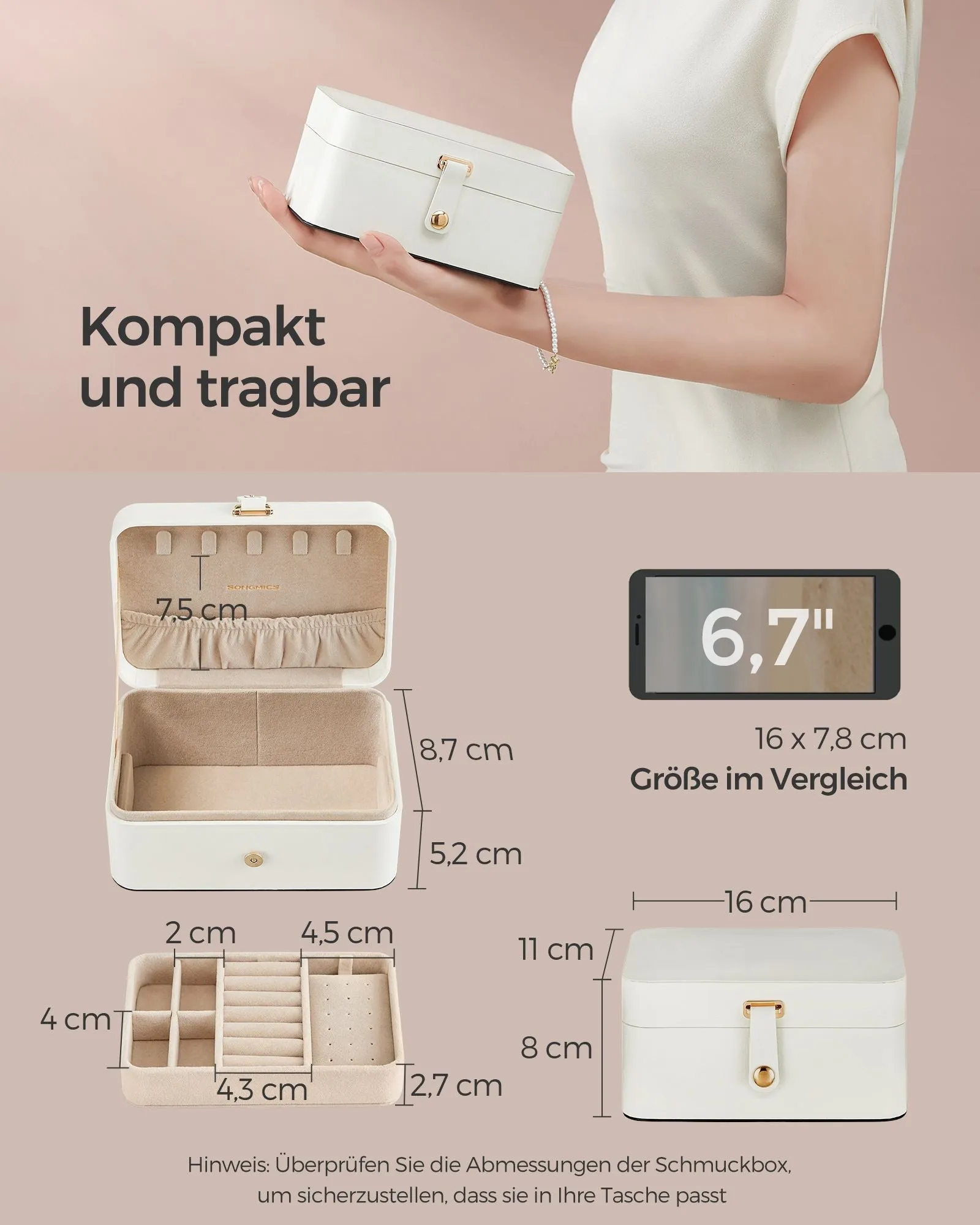 Rootz Travel Jewelry Box - Organizer Case - Compact Storage - Lightweight - Cloud White - Plastic, Paper with PU Coating, Velvet - 11cm x 16cm x 8cm - 0.3kg