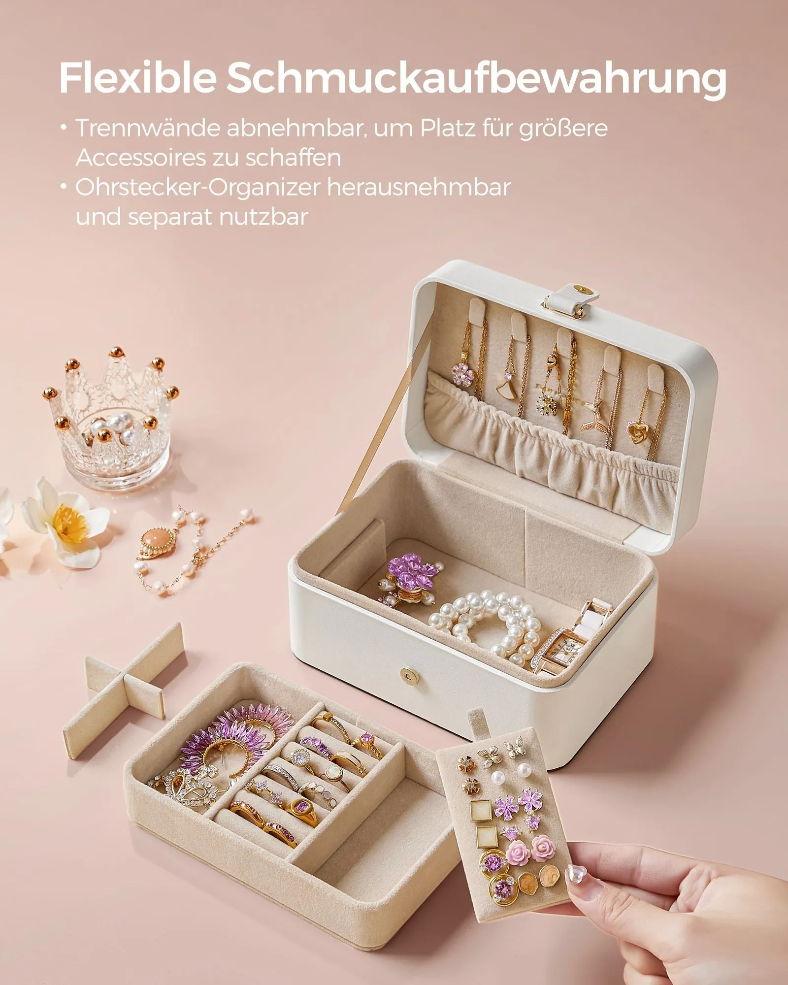 Rootz Travel Jewelry Box - Organizer Case - Compact Storage - Lightweight - Cloud White - Plastic, Paper with PU Coating, Velvet - 11cm x 16cm x 8cm - 0.3kg