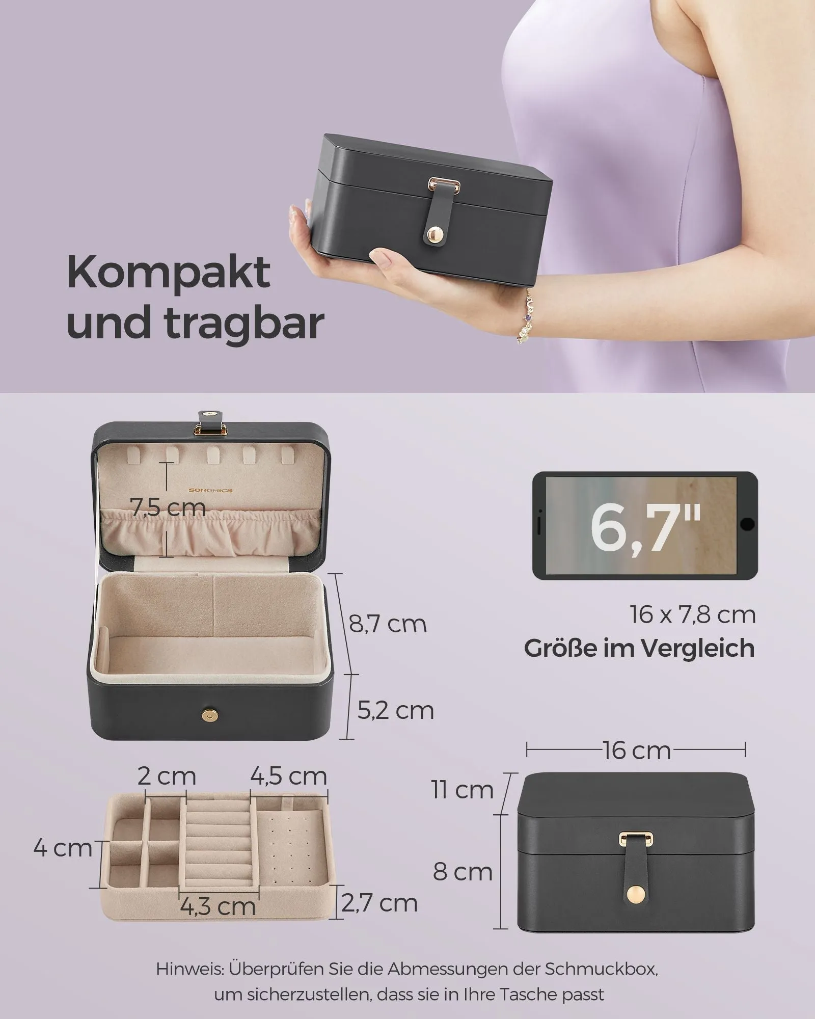 Rootz Travel Jewelry Box - Organizer Case - Compact Storage - Lightweight - Slate Gray - Plastic, Paper with PU Coating, Velvet - 11cm x 16cm x 8cm - 0.3kg