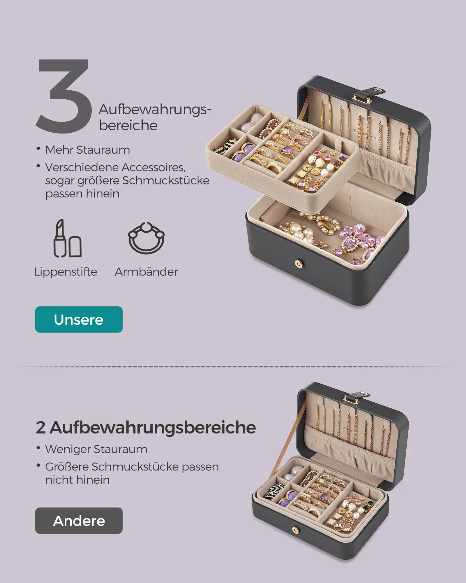 Rootz Travel Jewelry Box - Organizer Case - Compact Storage - Lightweight - Slate Gray - Plastic, Paper with PU Coating, Velvet - 11cm x 16cm x 8cm - 0.3kg