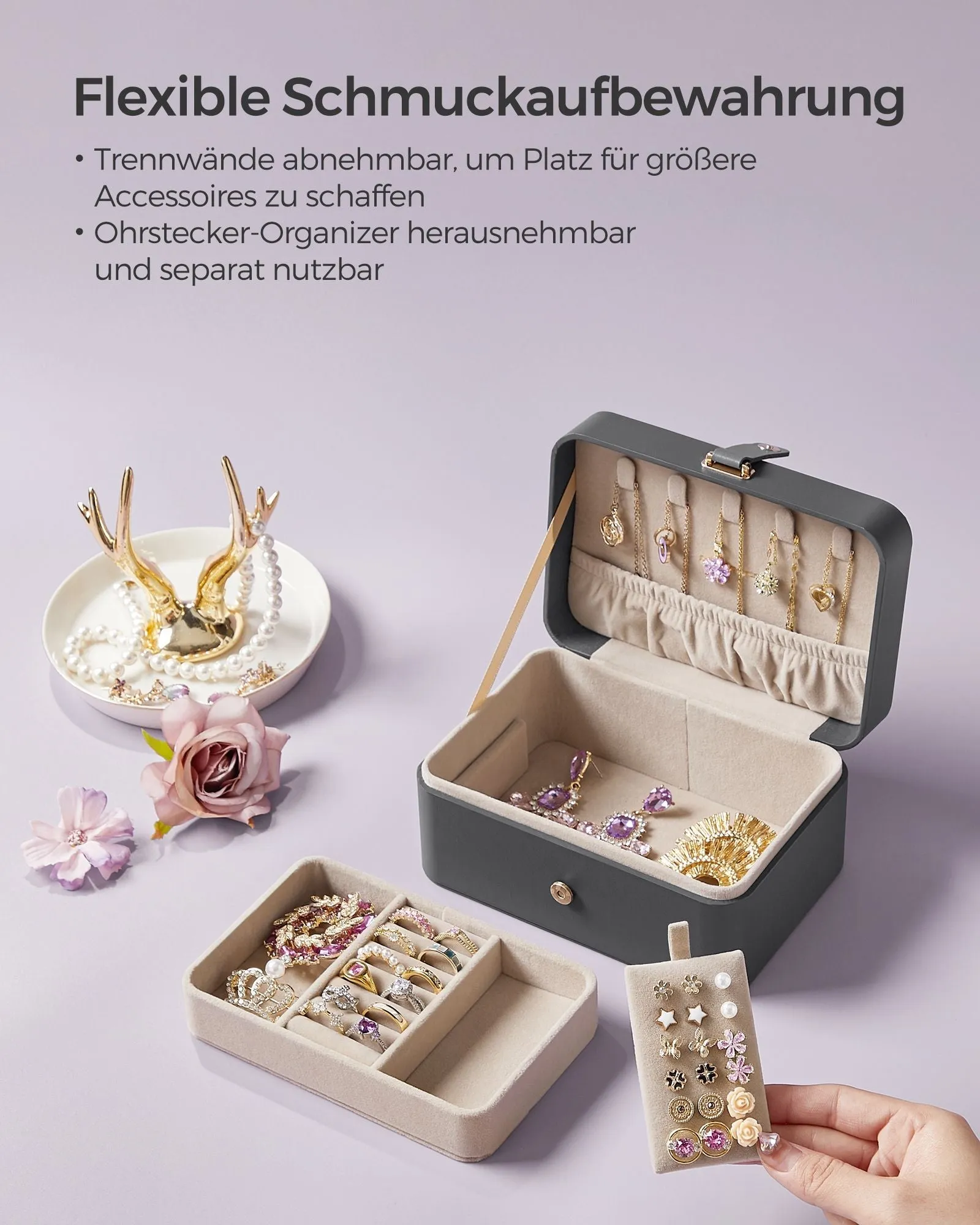 Rootz Travel Jewelry Box - Organizer Case - Compact Storage - Lightweight - Slate Gray - Plastic, Paper with PU Coating, Velvet - 11cm x 16cm x 8cm - 0.3kg