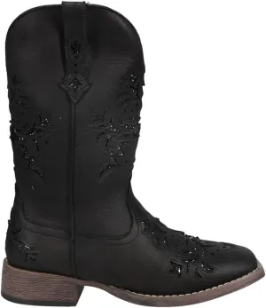 ROPER Womens Kennedy Glitter Tooled Inlay Square Toe Pull On Casual Boots Mid Calf Low Heel 1-2" - Brown